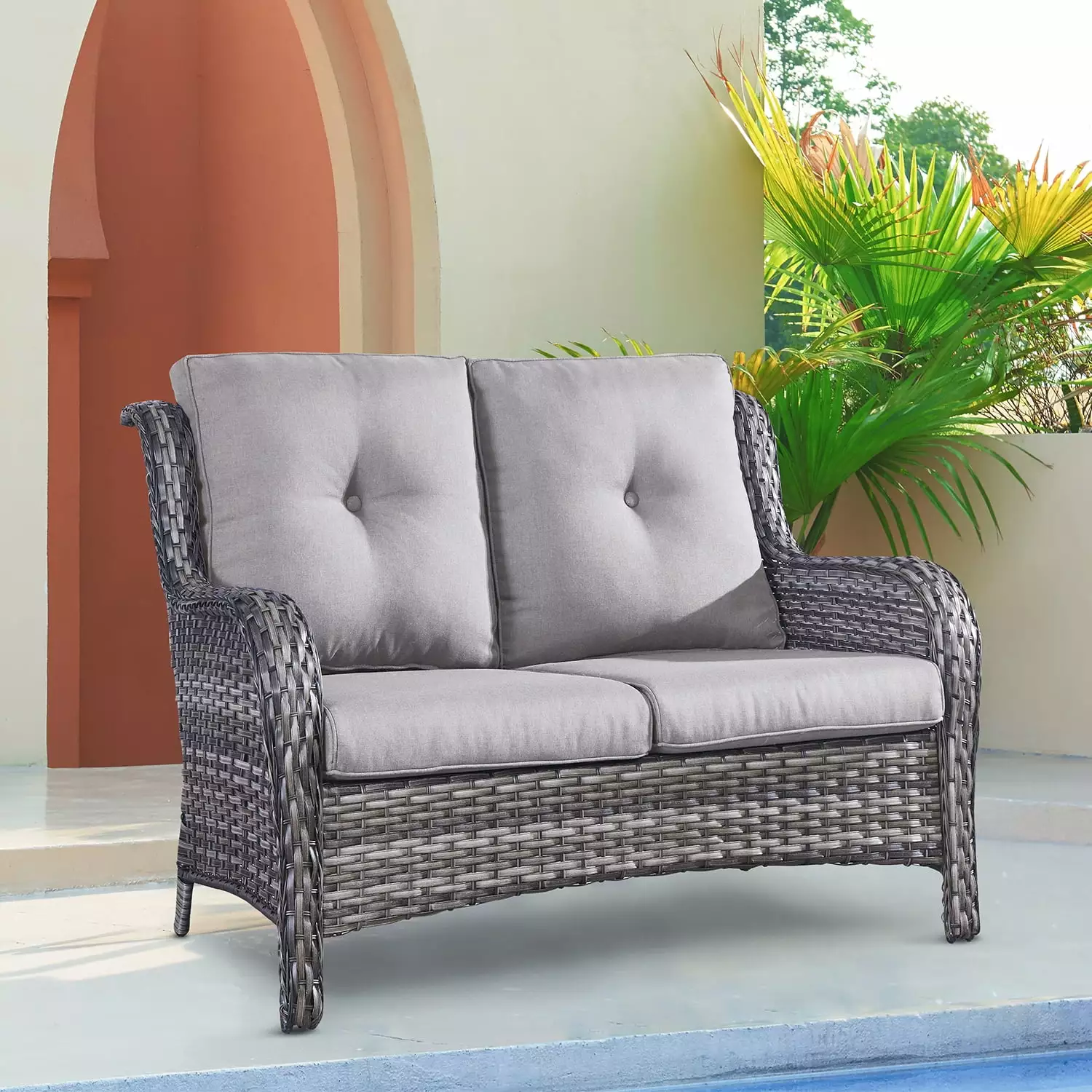 PARKWELL Patio Rattan Seat Sofa Cushioned Loveseat.Outdoor Wicker Furniture.Gray