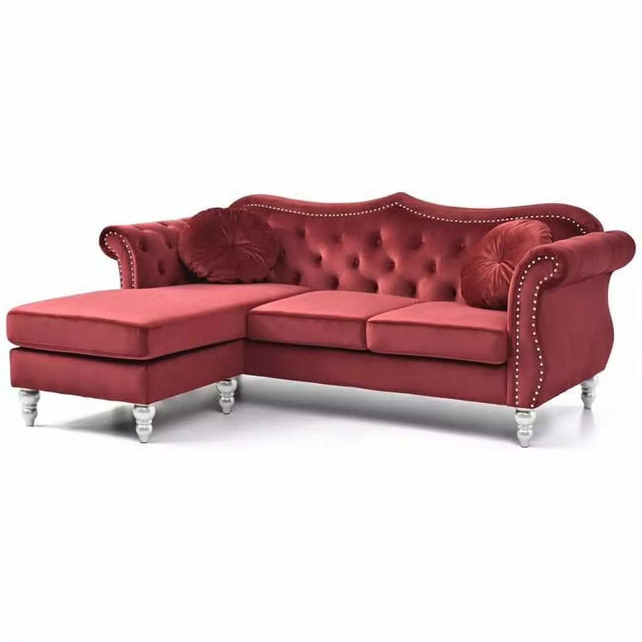 Passion Furniture 81 in. Hollywood Velvet Chesterfield Sectional Sofa with 2-Throw Pillow. Burgundy