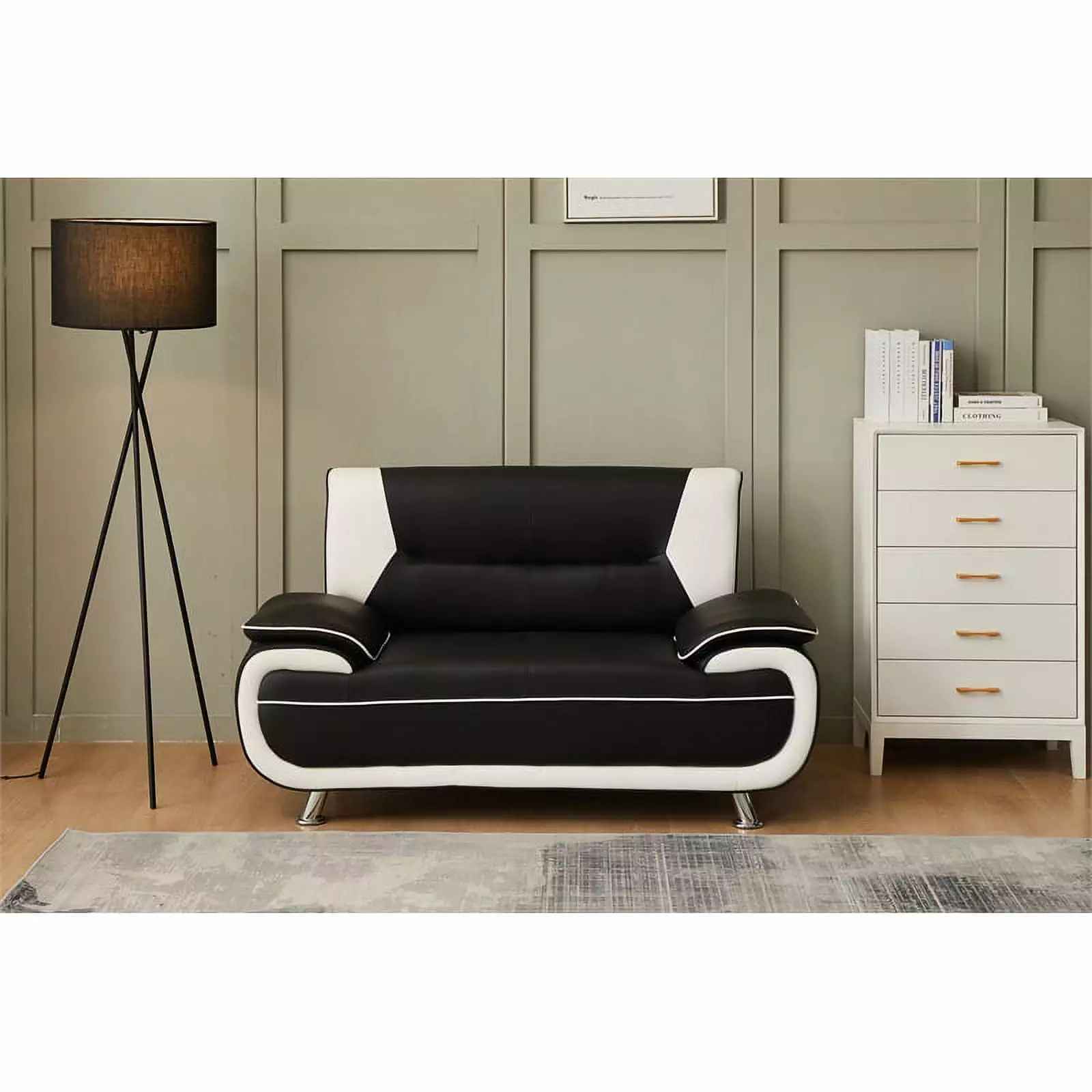 Pemberly Row Faux Leather Livingroom Loveseat in Black and White