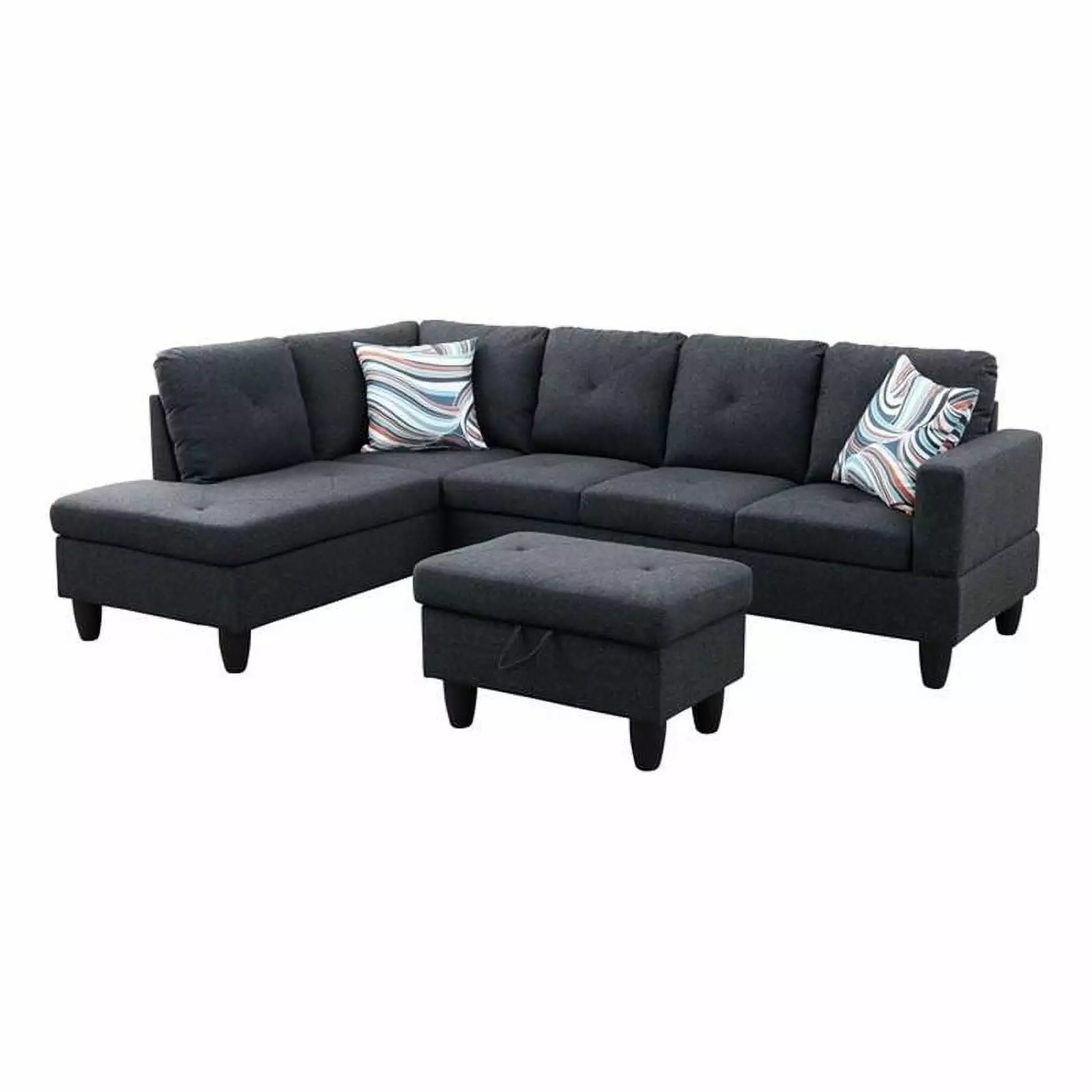 Pemberly Row L Shaped Black Gray Couch with Ottoman(Pillows Included) Microfiber