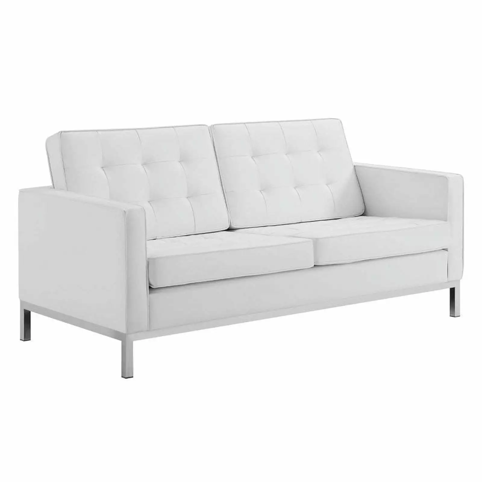 Pemberly Row Modern Faux Leather Tufted Upholstered Loveseat in White/Silver