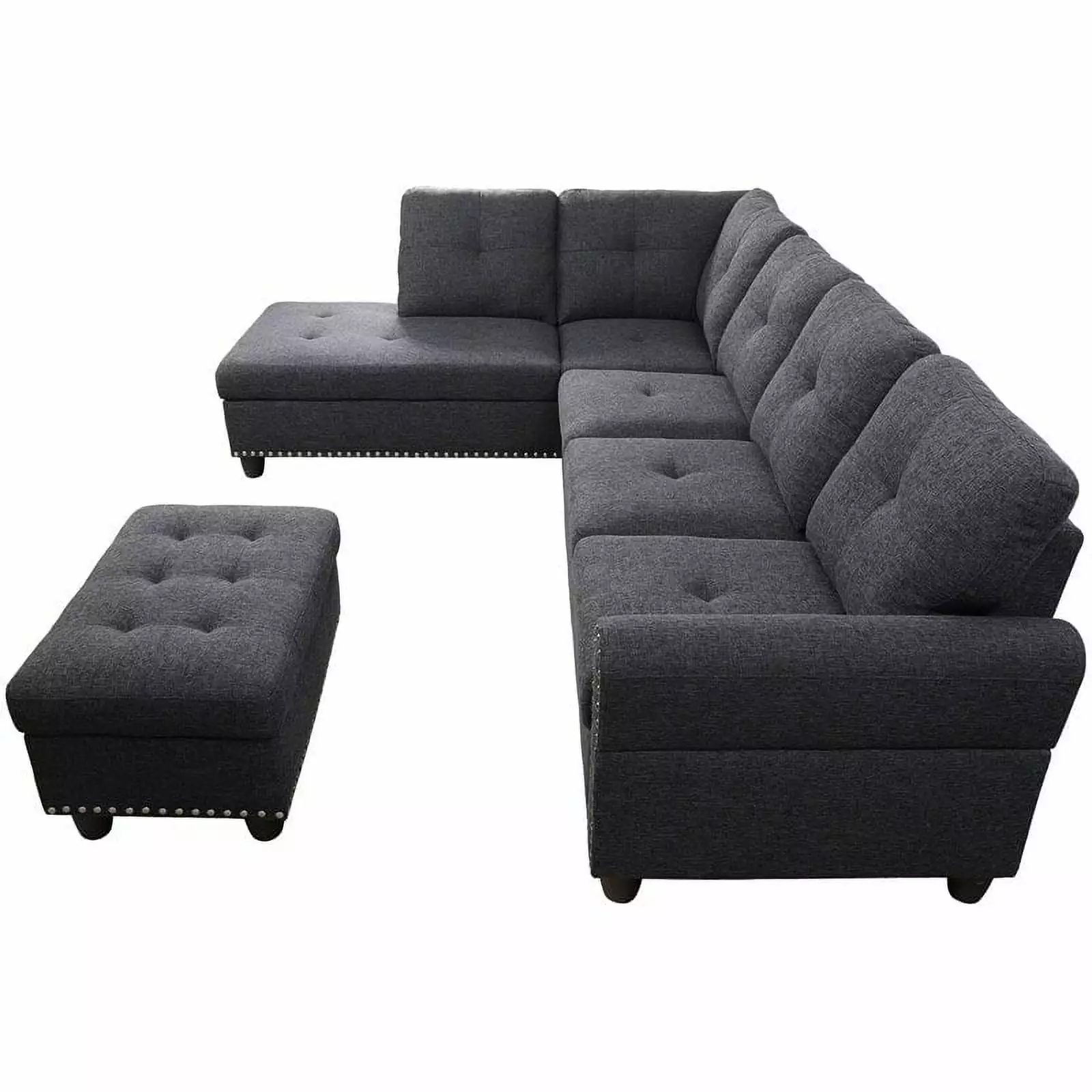 Pemberly Row Polyester Fabric Sectional Sofa with Ottoman-Dark Gray