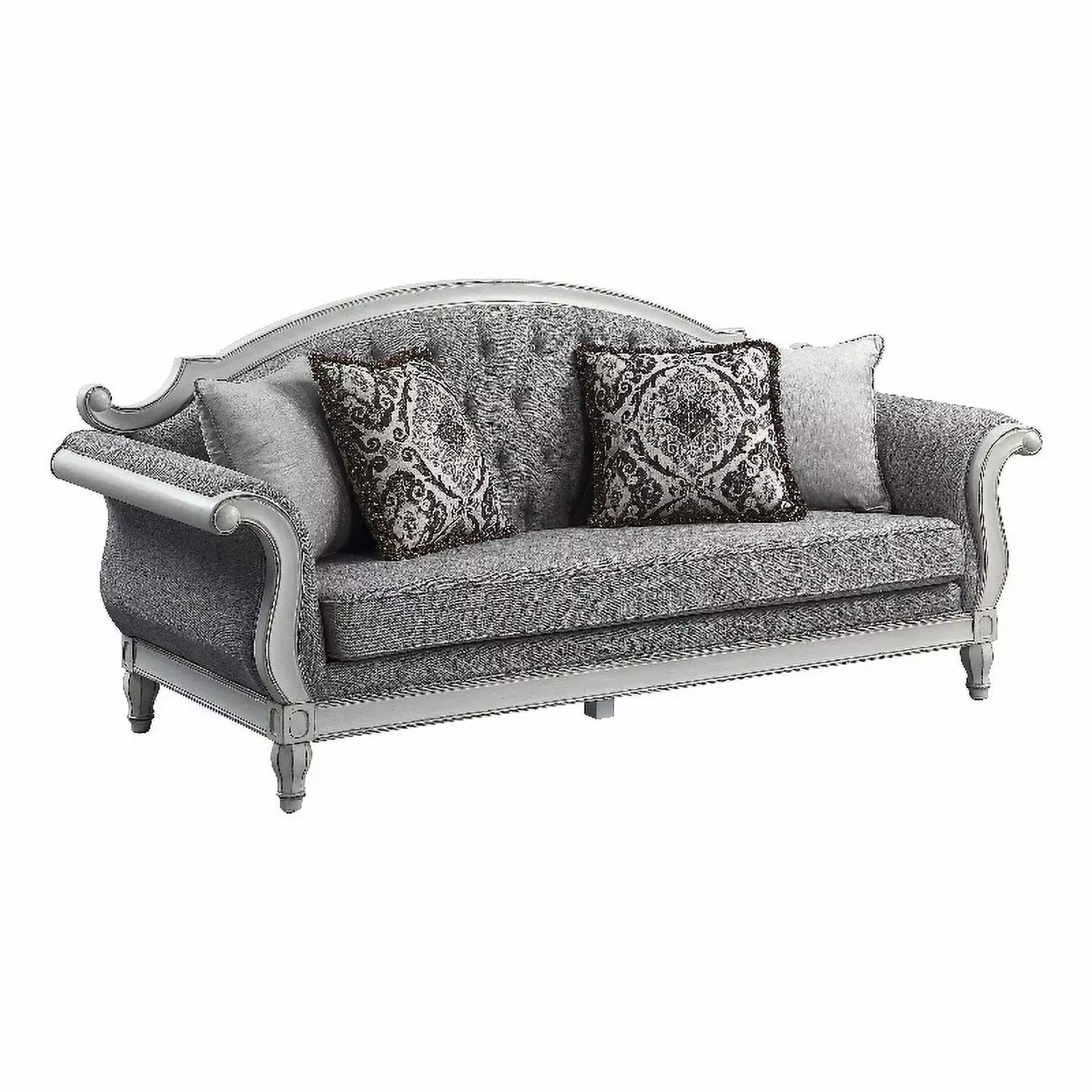 Pemberly Row Tufted Fabric Sofa with 4 Pillows in Gray/Antique White