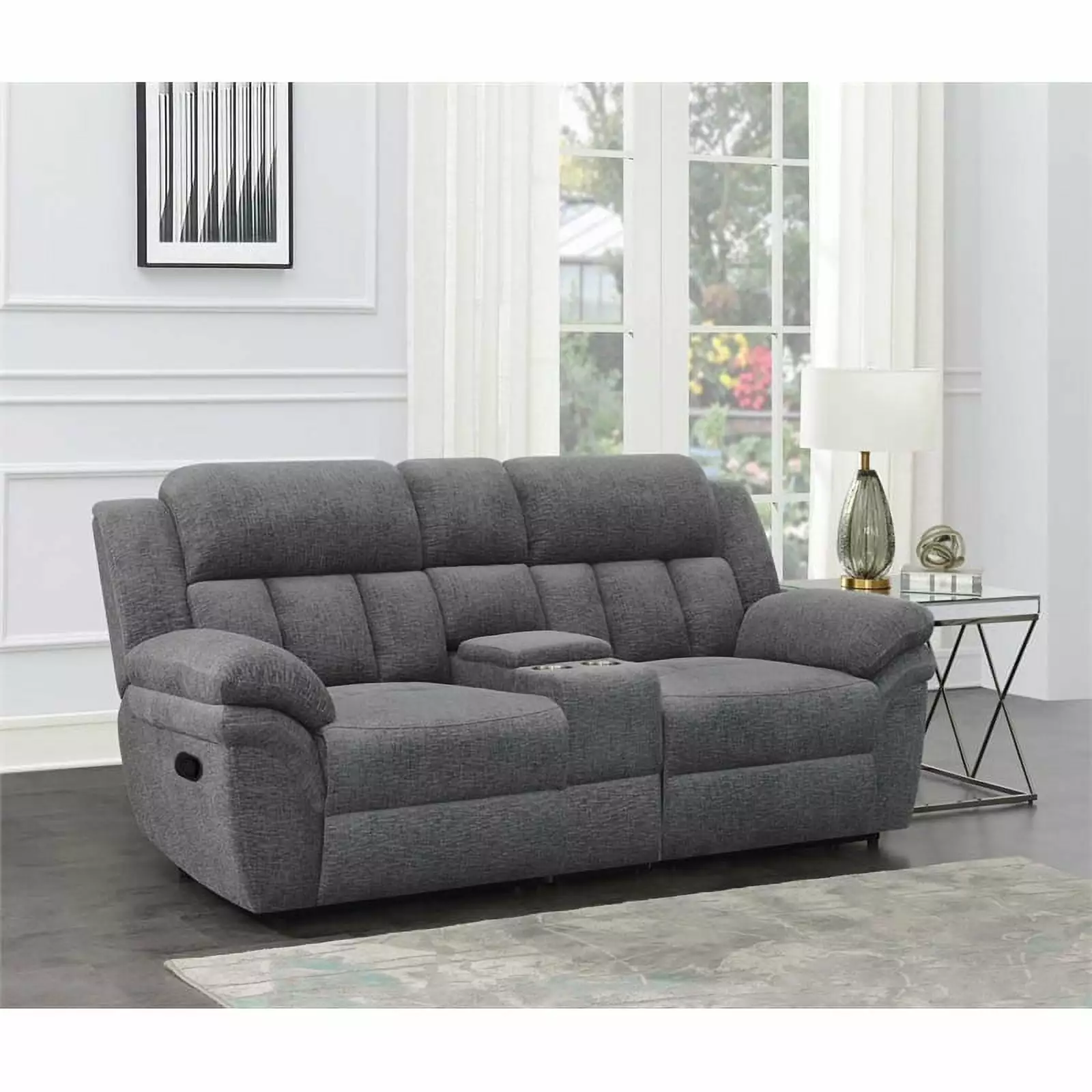 Pemberly Row Upholstered Modern Motion Loveseat Console in Charcoal