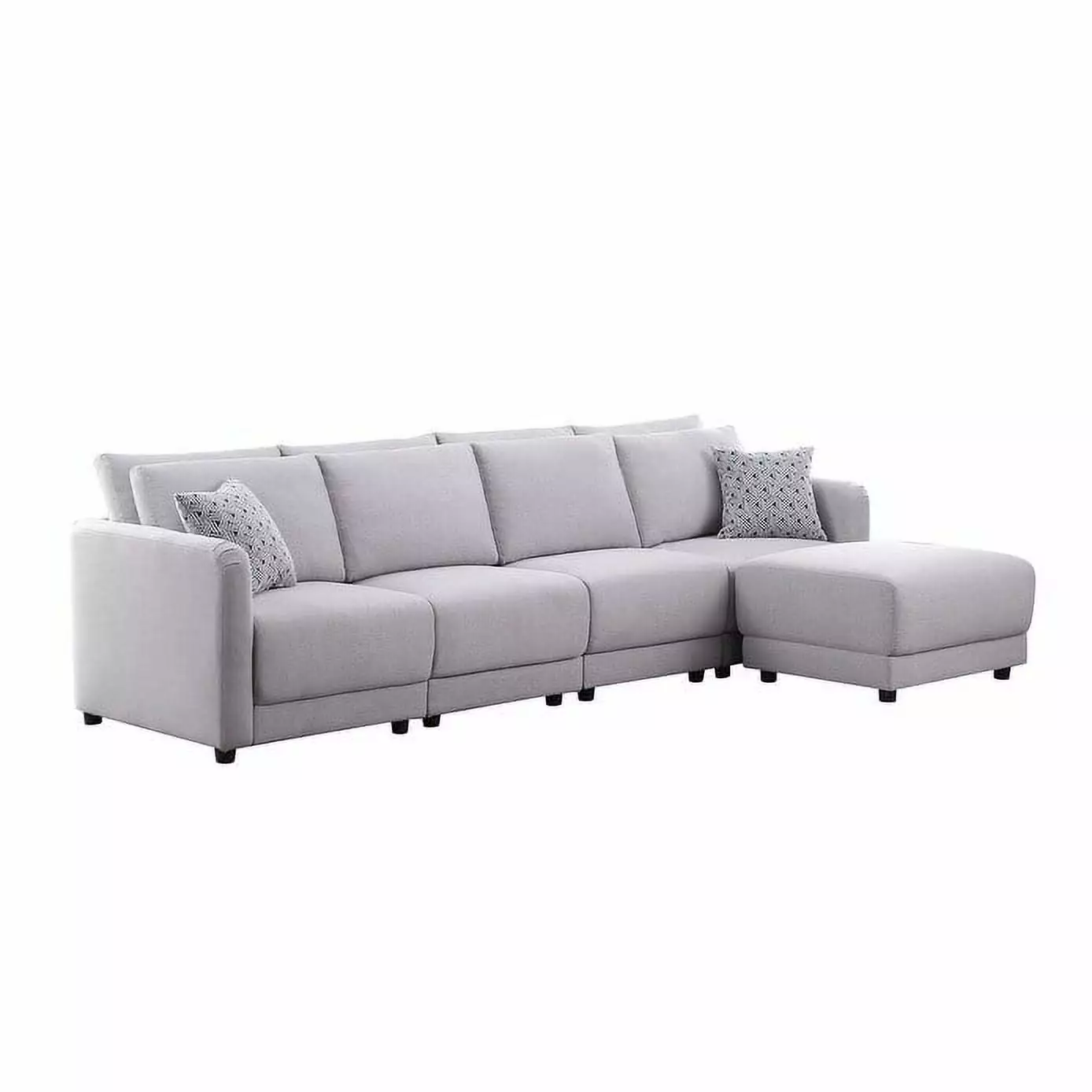 Penelope Light Gray Linen Fabric 4-Seater Sofa with Ottoman & Pillows