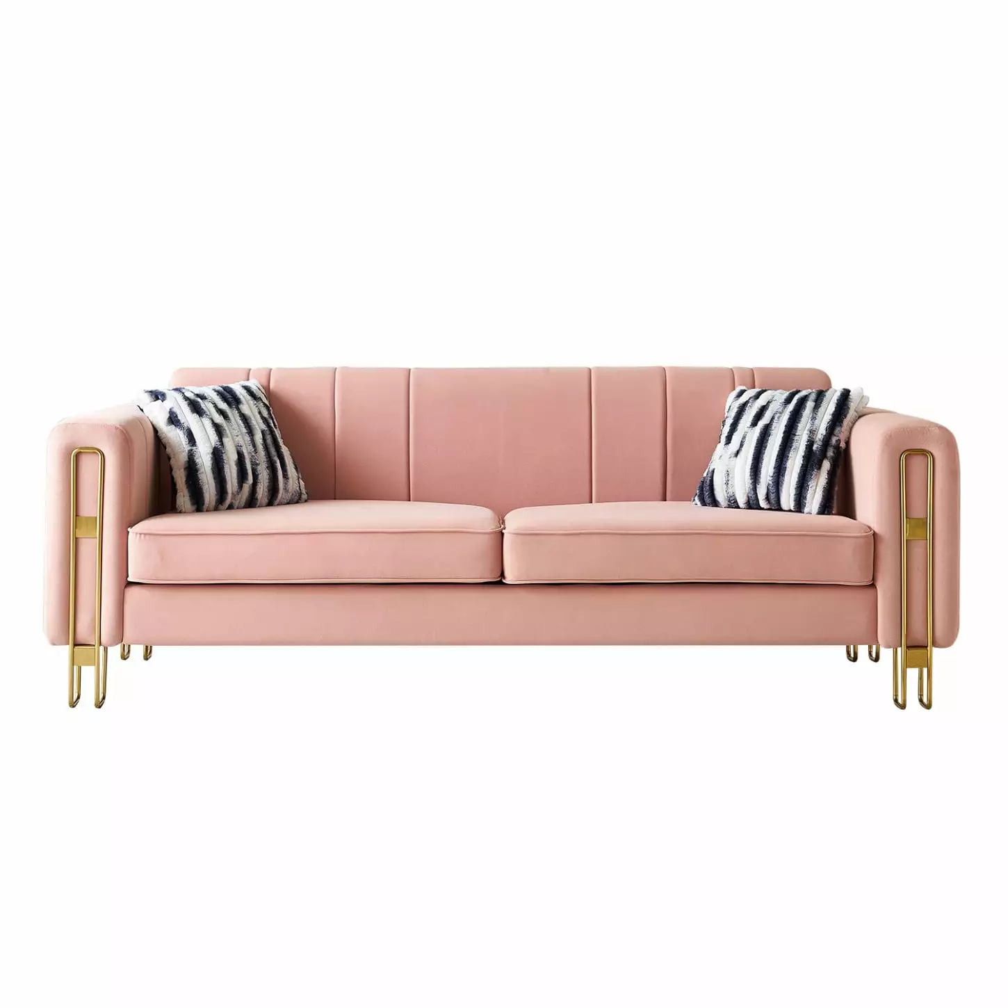 Plush Velvet Modern Sofa in Blush Pink. 85.04-inch Seating. Gold Legs. Foam-filled for Comfort. Adds Contemporary Design with Timeless Elegance to Living Rooms and Lounges