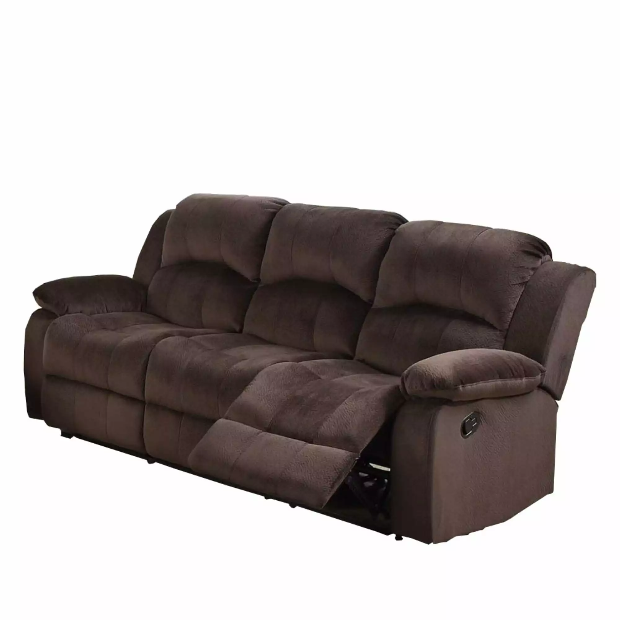 Plushy Solid Pine. Padded Suede & Plywood Reclining Sofa. Chocolate