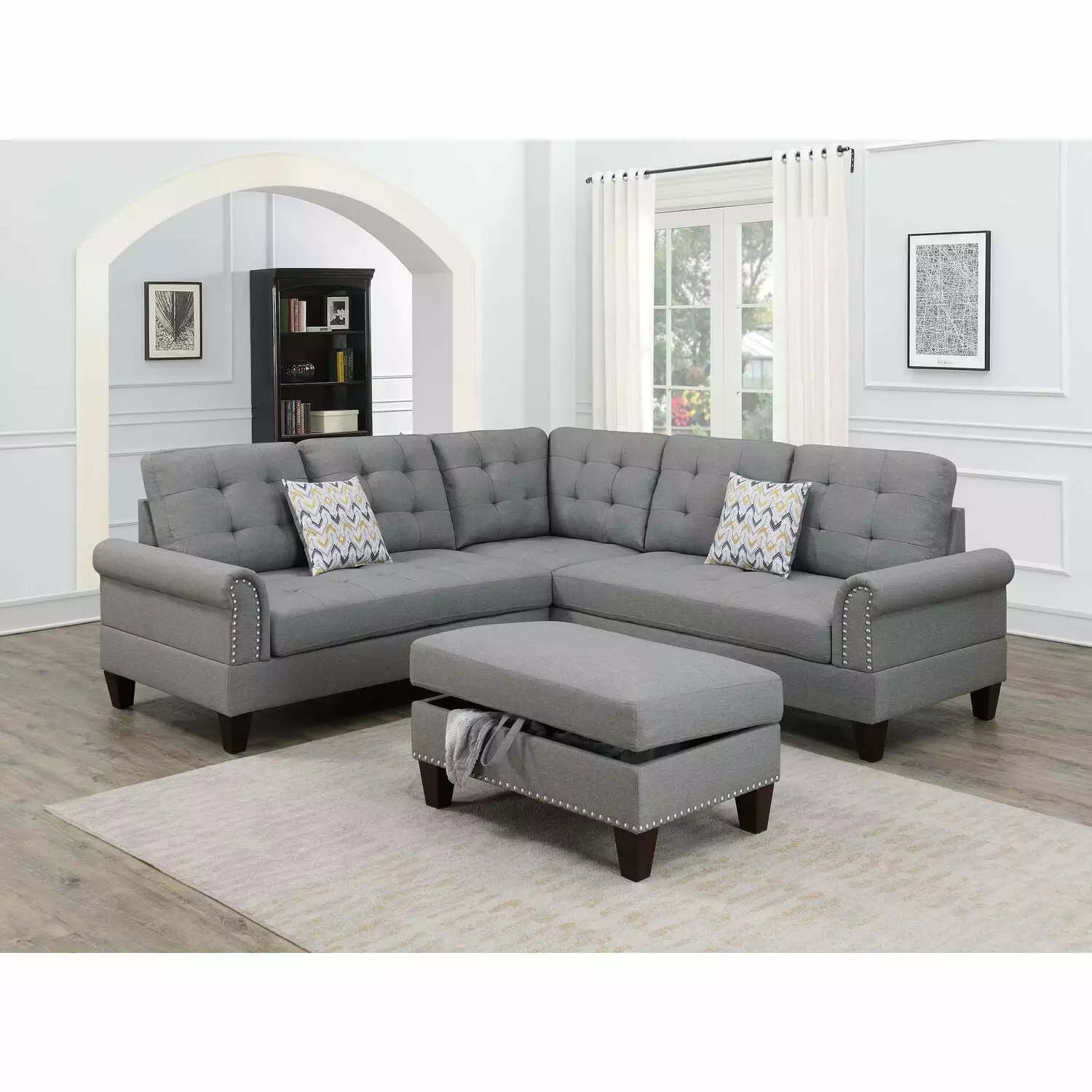 Poundex 3 Piece Fabric Sectional Sofa Set with Storage Ottoman in Gray