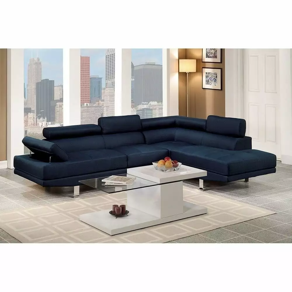 Poundex Furniture 2 Piece Fabric Sectional Sofa Set in Dark Blue Color