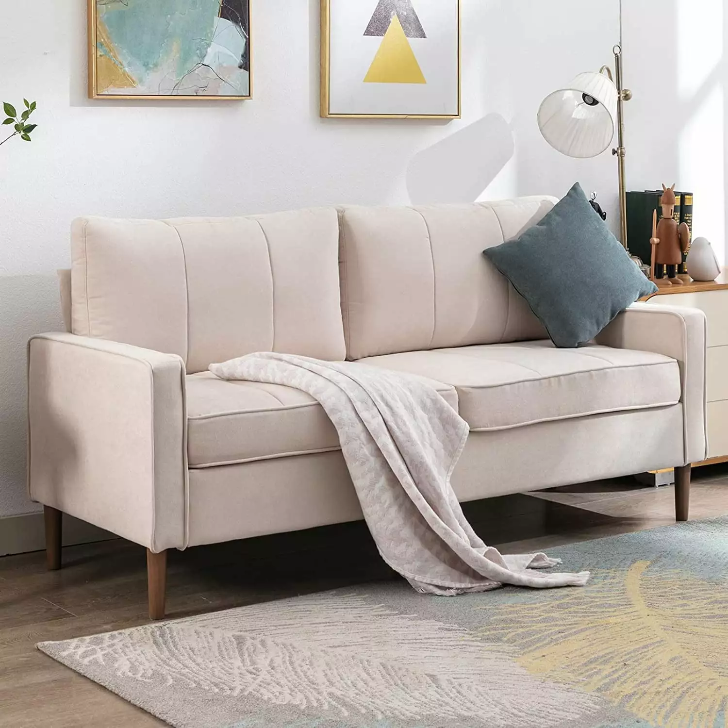 Prelife 68W Loveseat Sofa. Mid Century Love Seat Couches for Living Room. Modern Decor Upholstered Small Couch for Bedroom. Solid and Easy to Install Love Seats Furniture. Beige