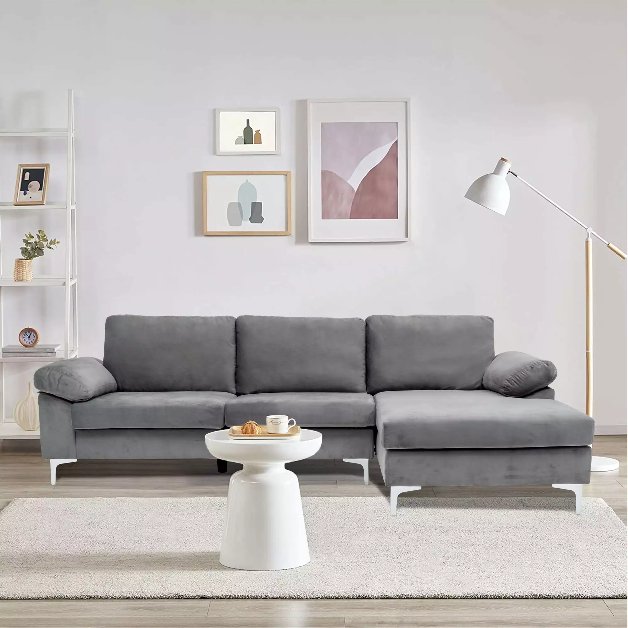 Prime Garden Modern Fabric L Shaped Sectional Sofa Set. 3 Seats Couch Chaise Lounge for Living Room.Gray