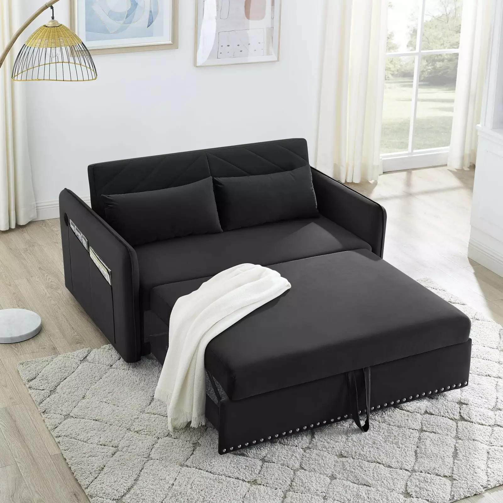 Pull-out sofa sleeper. 3-in-1 adjustable sleeper with pull-out bed. 2 lumbar pillows and side pocket. soft velvet convertible sleeper sofa bed. suitable for living room bedroom. 62742