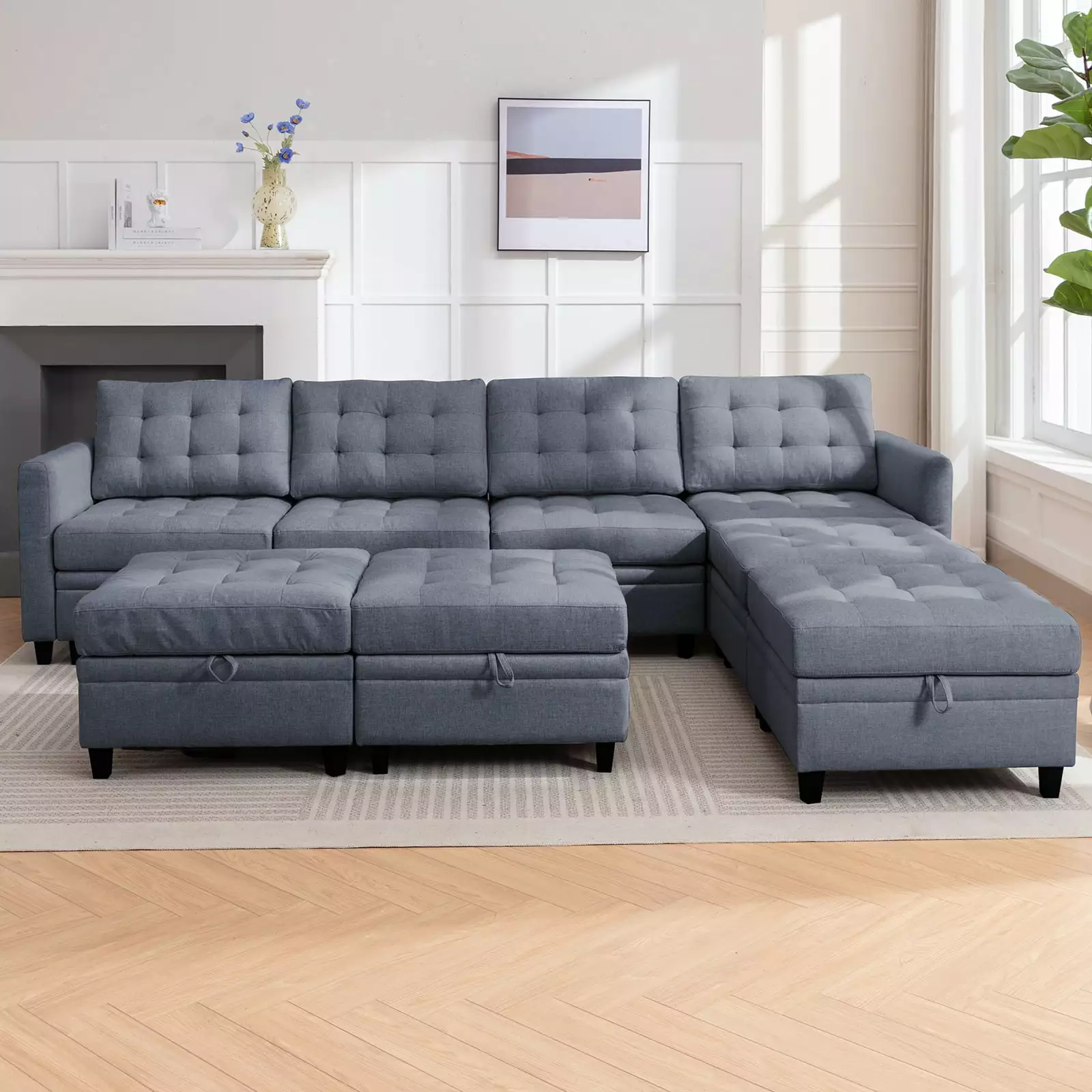 Puremind 8-Seater Modular Sectional Sofa with Storage Velvet U Shaped Couch with Reversible Chaises Sectional Sofa with Ottomans(Dark Grey)