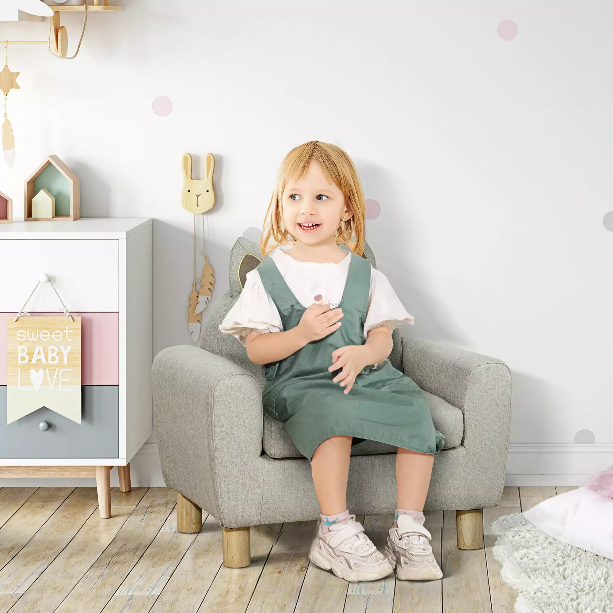 Qaba Kids Sofa. Toddler Armchair and Couch with Cat Ear Backrest and Wooden Legs Preschool. Bedroom. Kindergarten. Grey