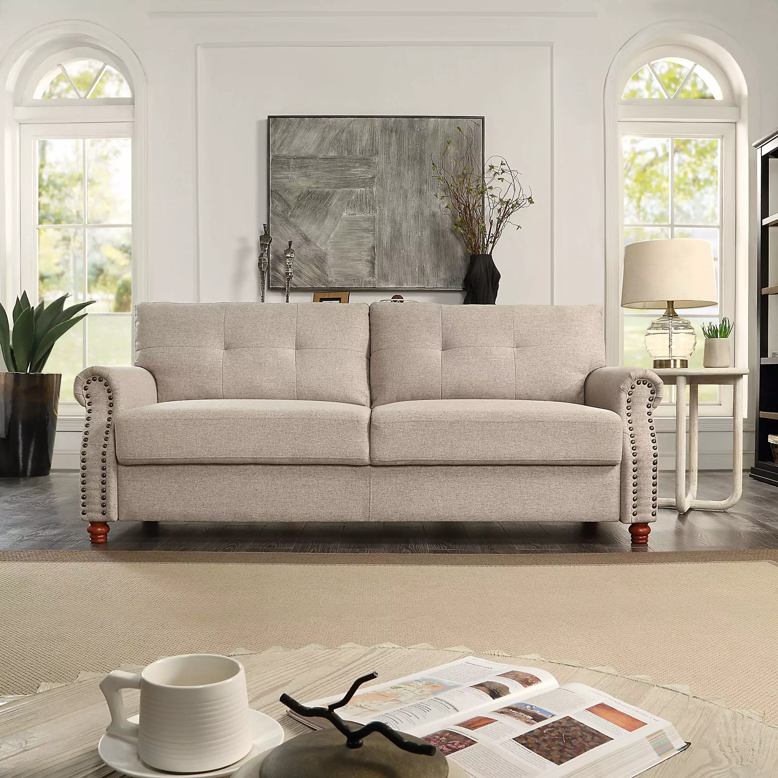 Qumbnk Linen Fabric Upholstery Sofa Couch with Wood Legs. 2 Seater Loveseat for Living Room. Office. Bedroom. Beige