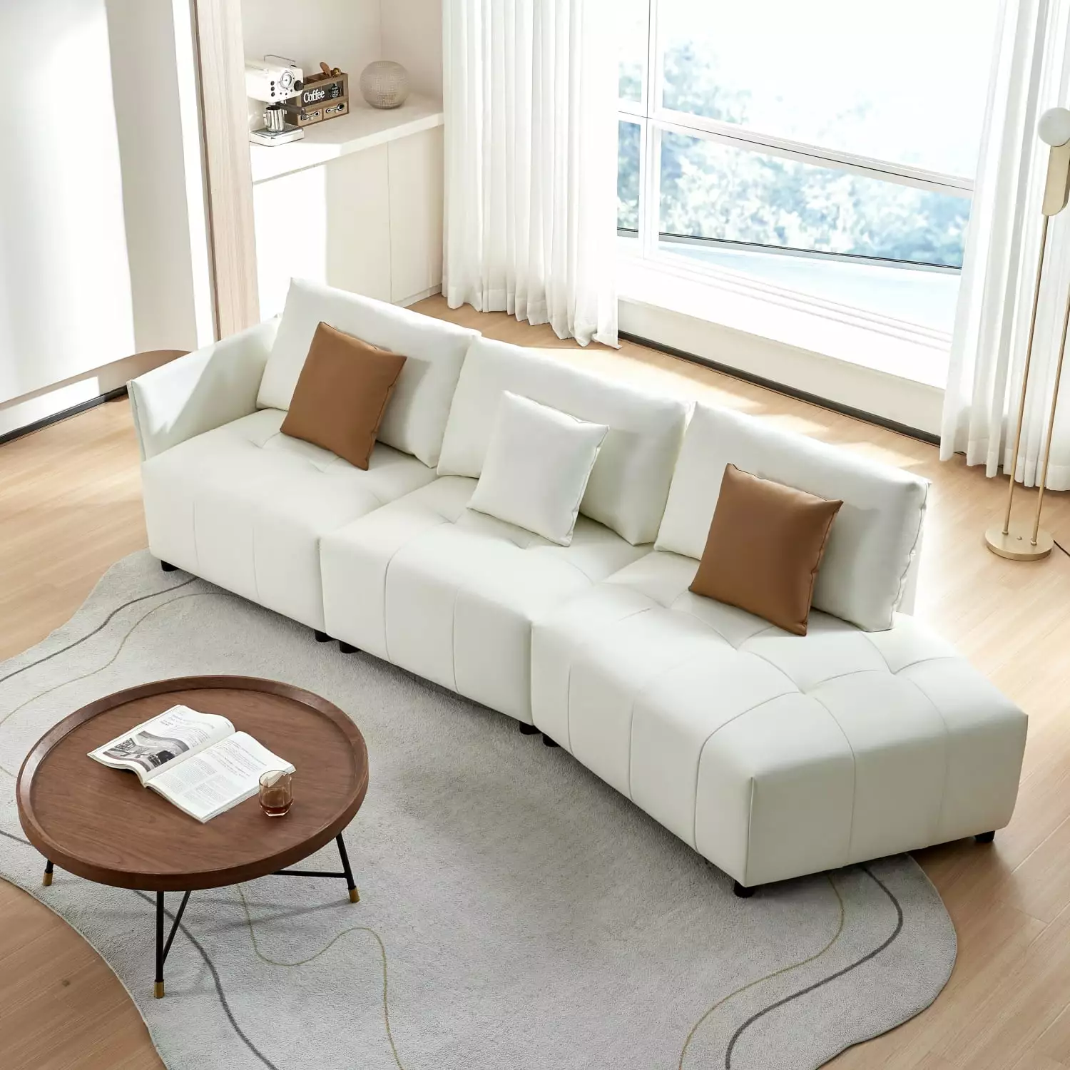 Real Leather Beige Modern Modular Sectional Couch with Button Tufted Seat Cushion for Living Room Apartment and Office