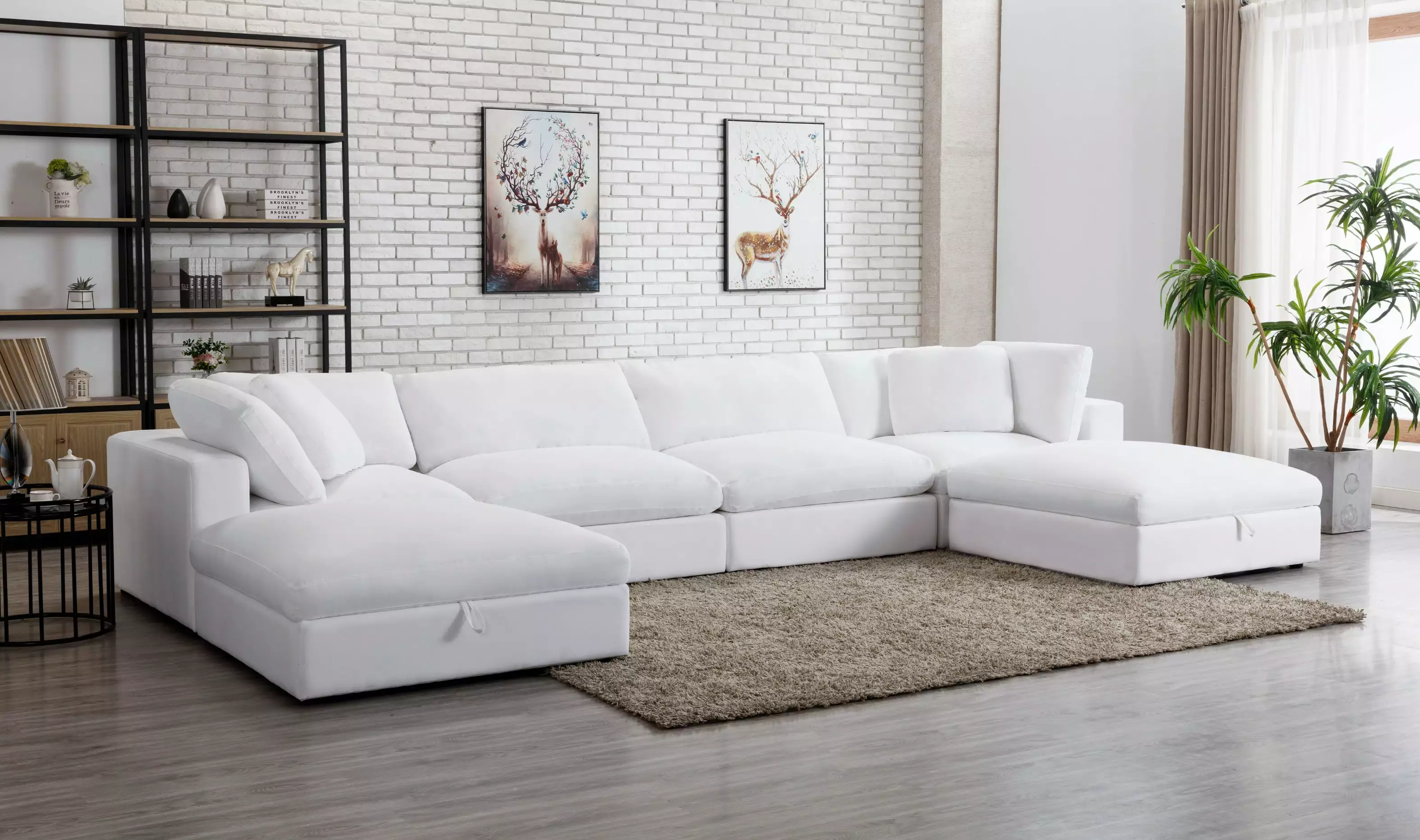 Roundhill Rivas Contemporary Feather Fill 6-Piece Sectional Sofa with Ottomans. Fabric. White