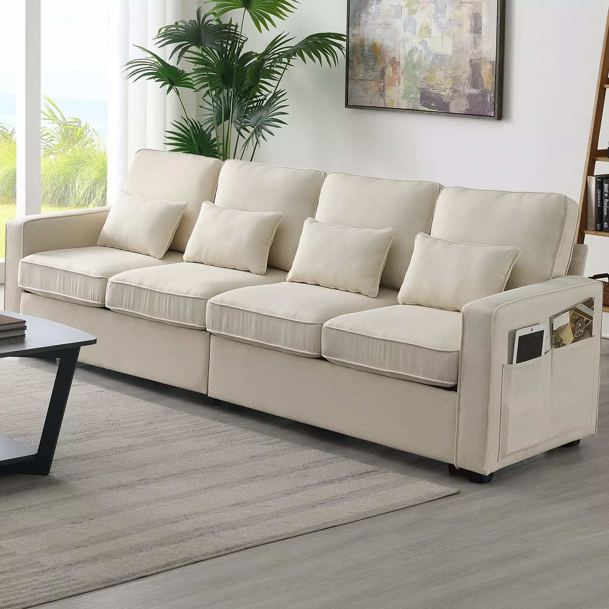 Royard Oaktree Sofa Couch with Armrest Pockets and 4 Pillows. Comfy 4-seater Sofa with Thick Cushions. Minimalist Style Linen Fabric Couches for Living Room. Apartment. Office. Beige