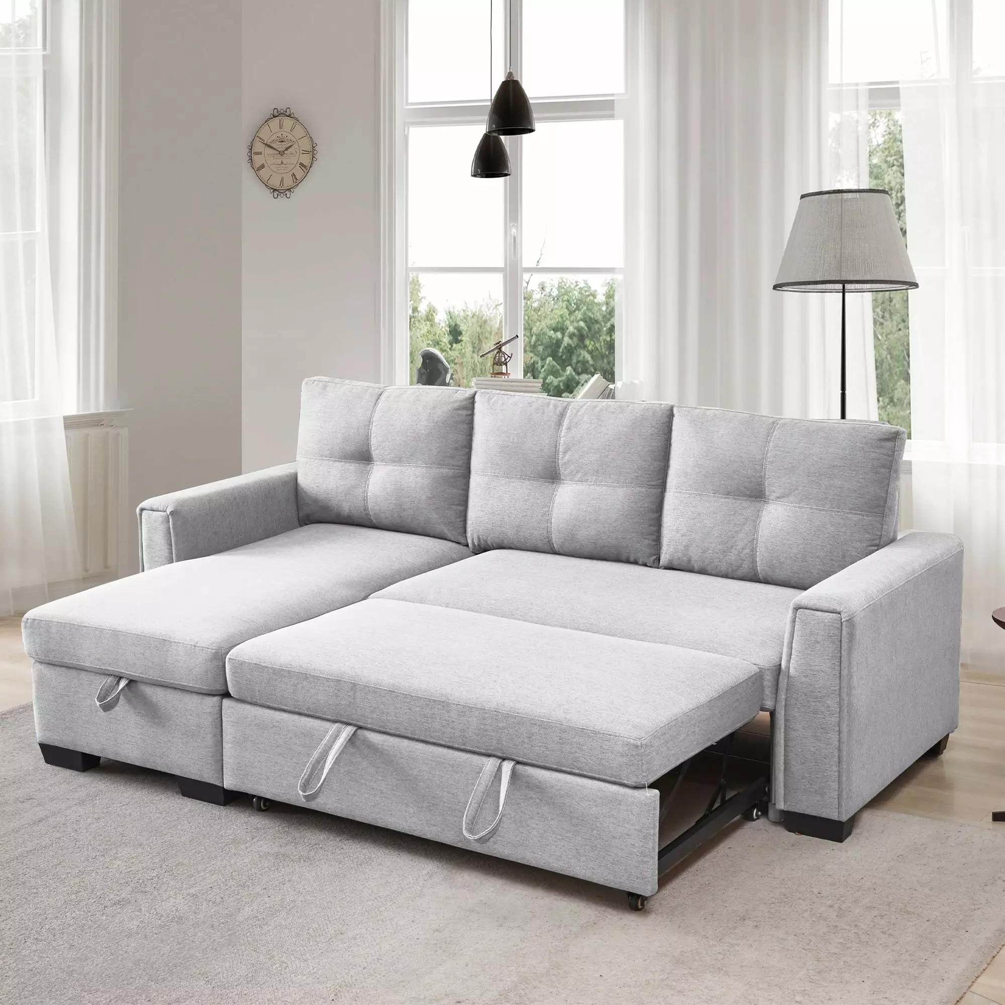 SEGMART Sectional Sofa Bed Furniture. L-Shape 3 Seat Sectional Couch with Storage Chaise. Polyester Fabric Padded Upholstered Sleeper Sofa with 6 Side Pockets for Living Room. 1100lbs. SS821