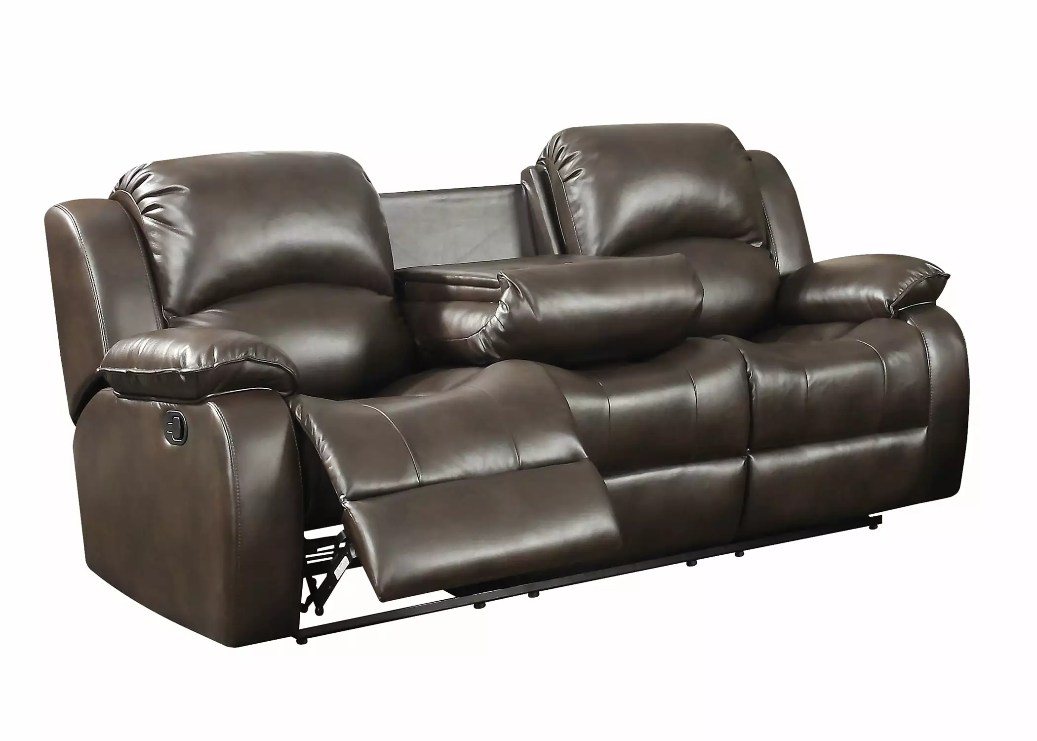 Samara Collection Modern Upholstered Transitional Reclining Sofa with Dual Recliners and a Center Drop Down Table with Cup Holders. Dark Brown