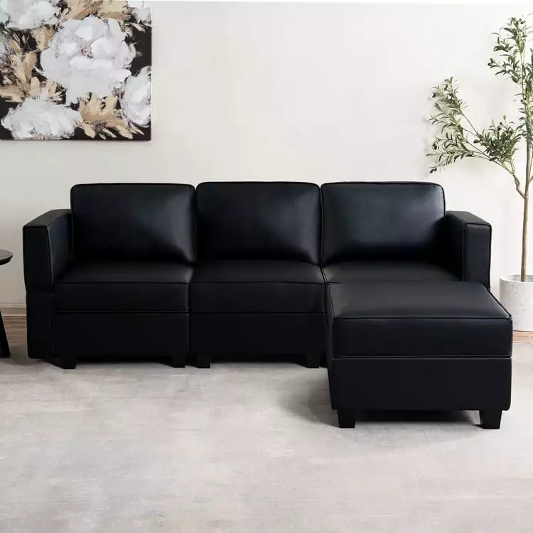 Sarah Convertible Sectional Sofa with Chaise Air Leather L Shaped Sofa Couch Modular Sectional Sofa with Storage- Black