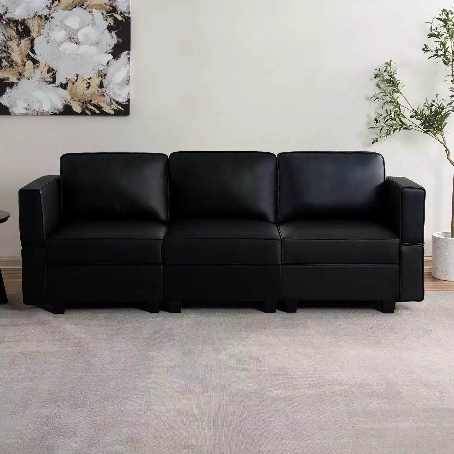 Sarah Modular Sofa Couch with Storage Seats Air leather 3 Seater Sofa for Living Room- Black