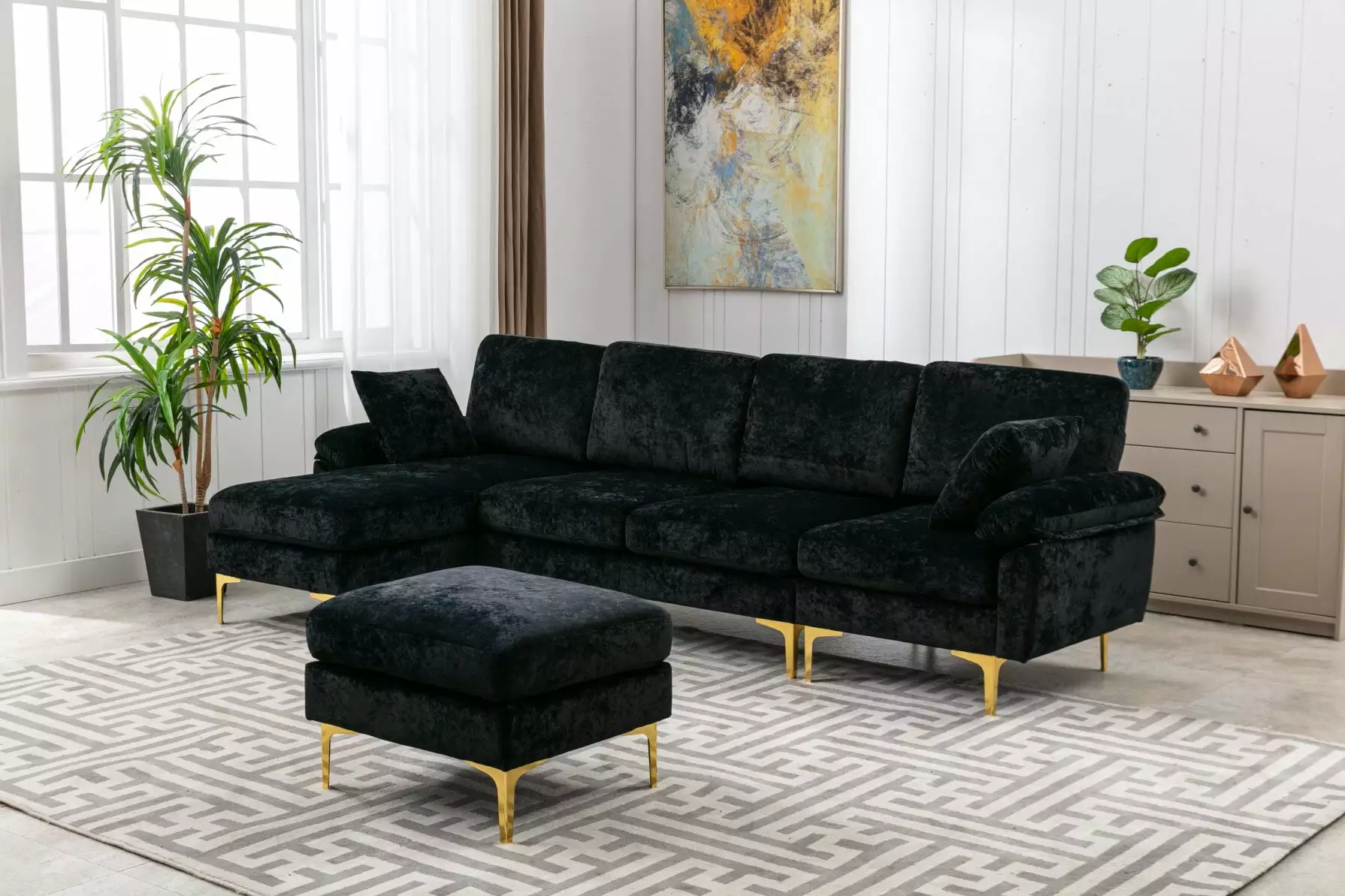 Sectional Accent Sofa with Movable Ottoman. Upholstered Futon Sleeper Sofa Couches with 2 Pillows & Golden Metal Legs. 114.42'' Modular Sofa with Extra Wide Double Chaise. for Living Room. Black