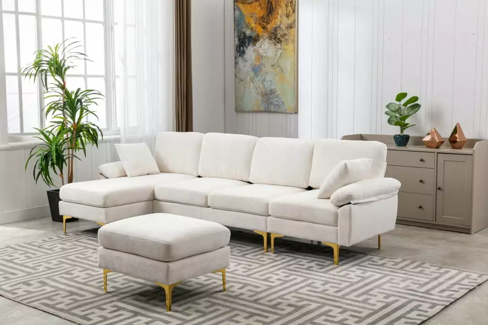 Sectional Sofa for Living Room. L Shaped Sofa Couch with Ottoman. Upholstered Modular Sofa with Metal Legs. Convertible U Shaped Couch with Chaise. Lounge Couch Accent Sofa for Living Room. White