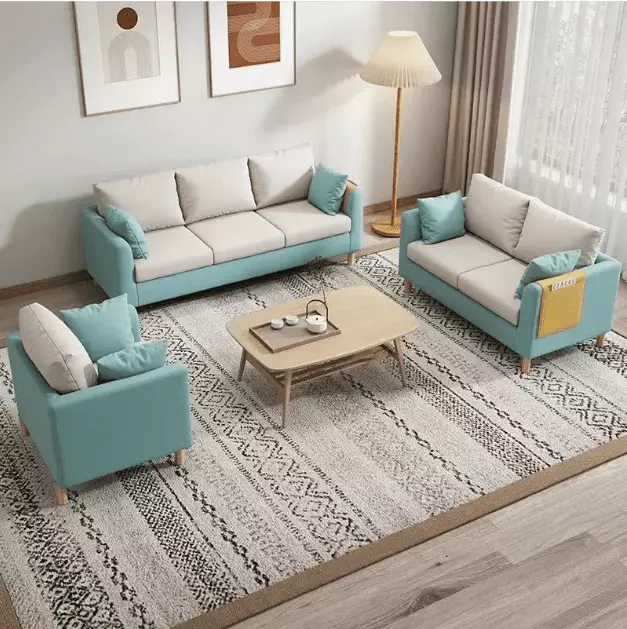 Separate set with 3-seater sofa. 2-seater loveseat and single chair. modern corduroy upholstered living room furniture with throw pillows for apartment. guest room. office. blue + white