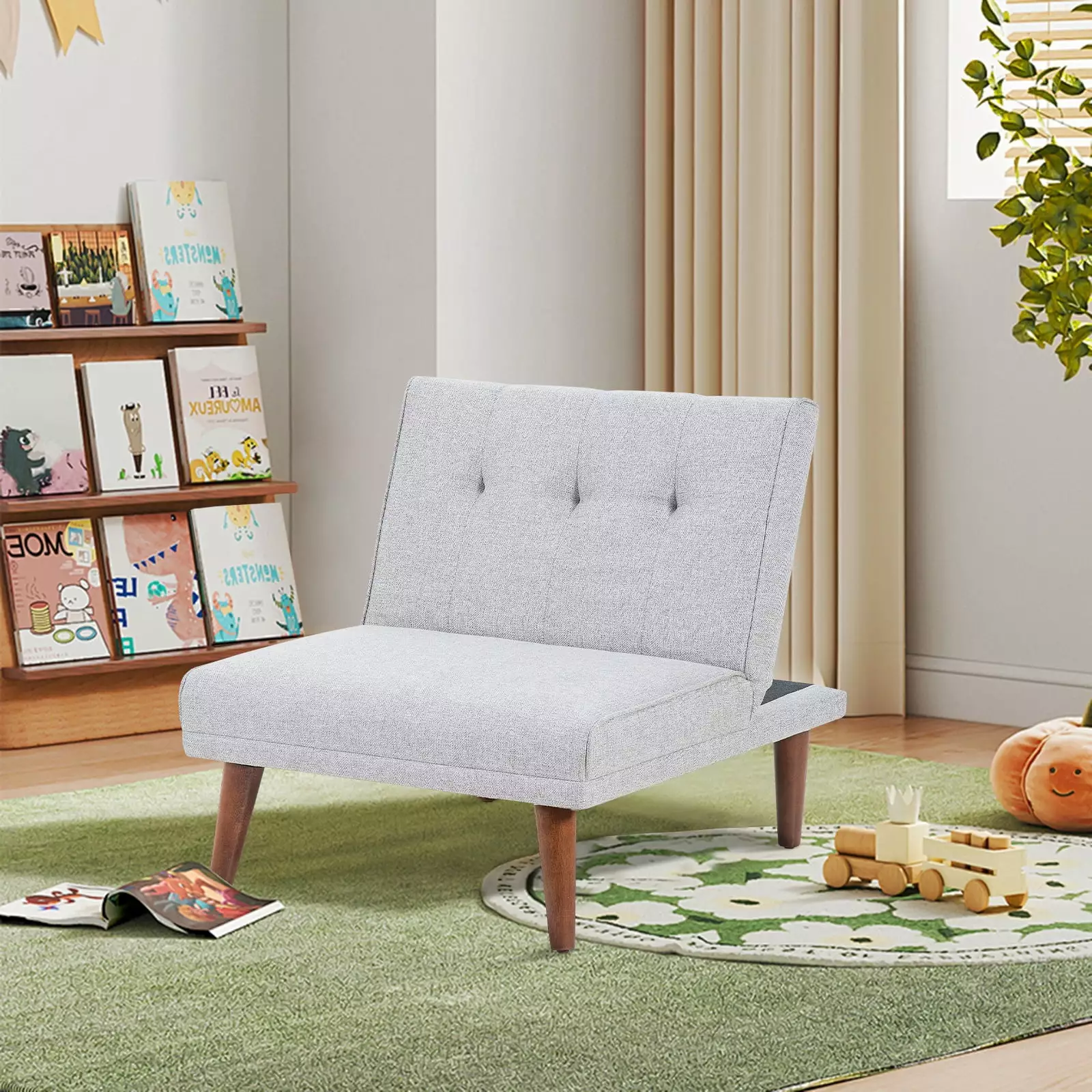 Sesslife Sofa Chair for Kids. Single Linen Fabric Upholstered Chair with 3-Level Adjustable Backrest. Modern Armless Mini Couch for Small Space. Living Room. Bedroom. Apartment. Gray