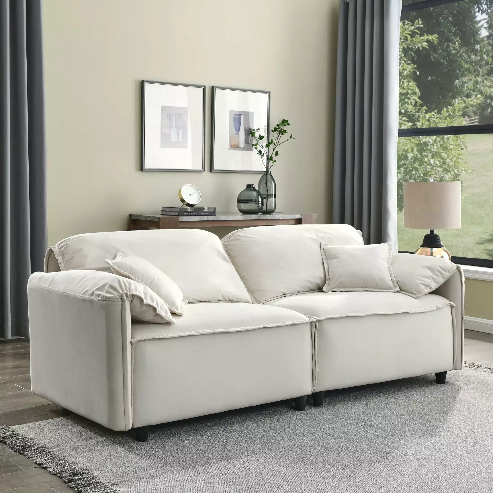 Set of 1 79 Accent Oversized 2 Seater Sofa with 2 Pillows. Modern Velvet Upholstered Sofa Couch with Wooden Frame & Backrest. Comfy Leisure Sofa for Living Room Apartment Office. Beige