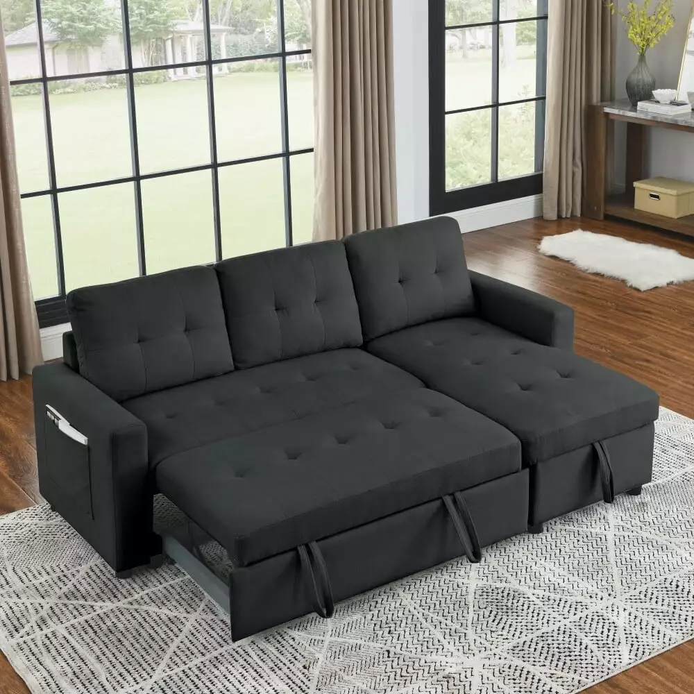 Sleeper Sofa Bed. 78.5 inch Reversible Sleeper Sectional Sofa with Pull-Out Bed. Storage Chaise and Side Storage Bag