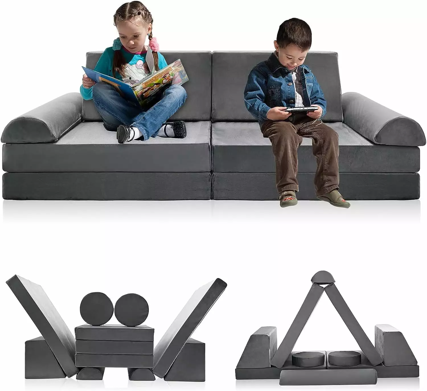 Slsy 10-Piece Kids Couch Sofa. Modular Toddler Couch for Playroom Bedroom. Convertible Foam and Floor Cushion for Playing. Creativing. Sleeping. Gray