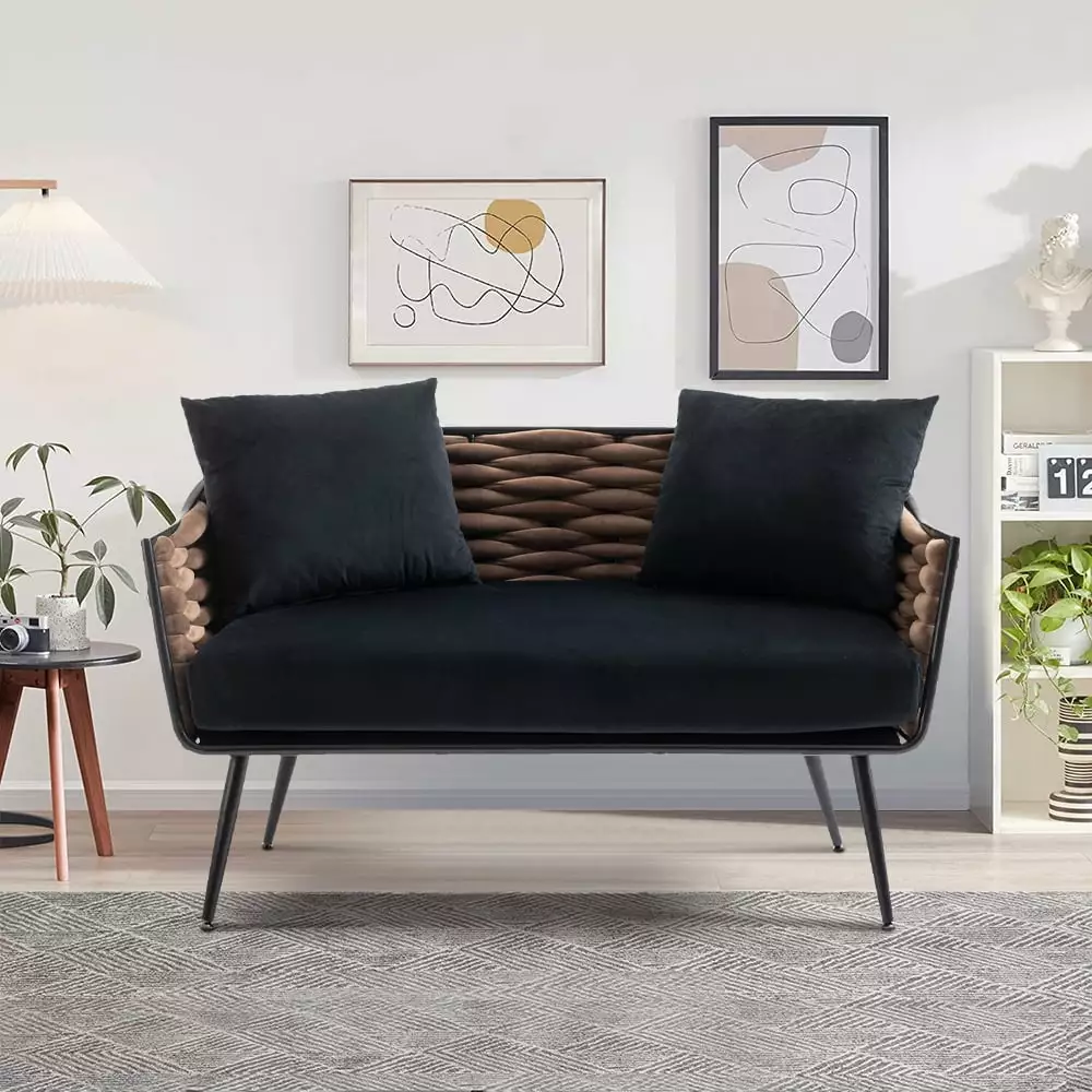 Small Loveseat Sofa. Velvet Accent Sofa with 2 Pillows. Velvet Upholstered Loveseat with Black Metal Legs. Loveseat Furniture for Home Office Living Room Bedroom. 47.24L x 25.39W x 28.74H. Black