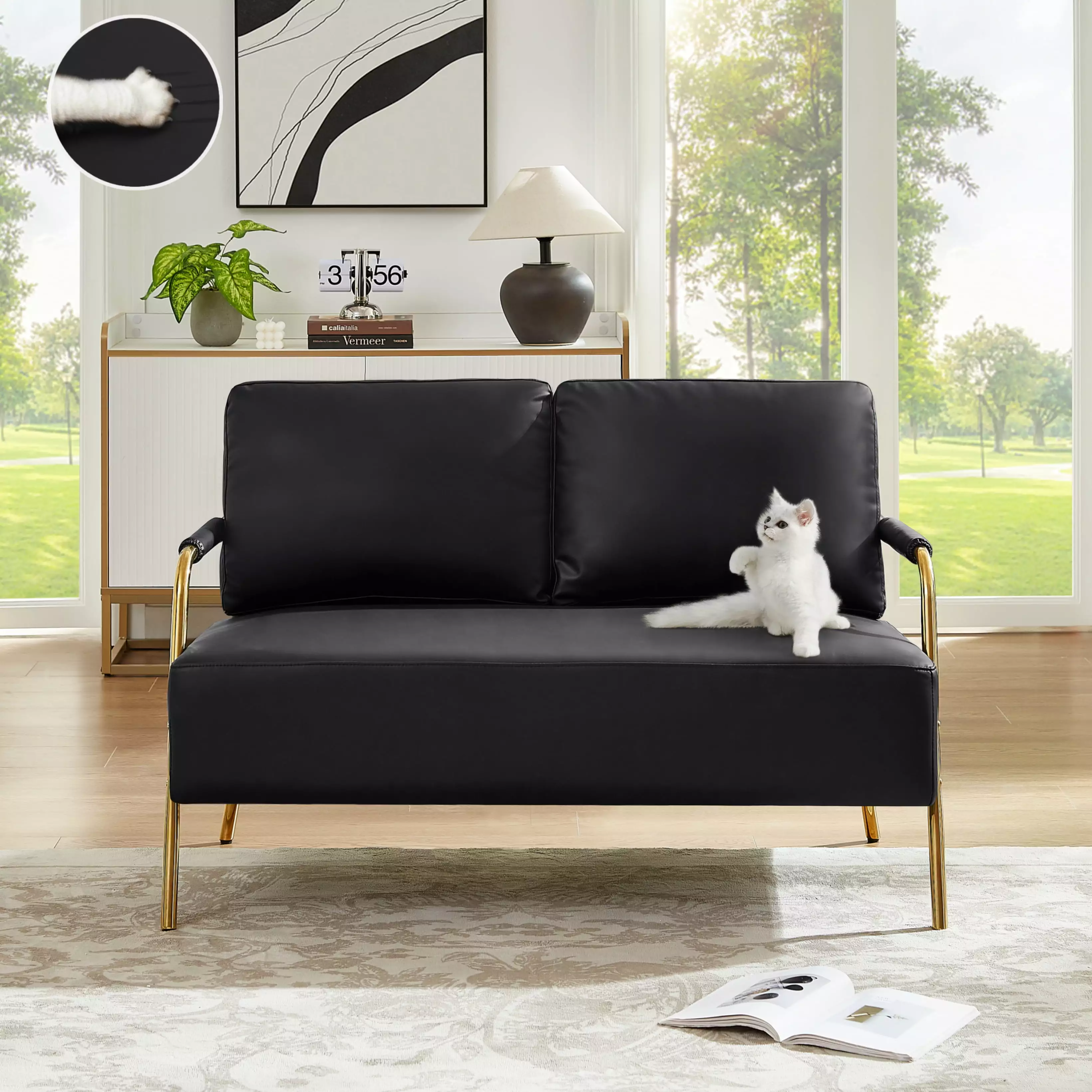 Small Sofa Seater Pet Friendly Fabric Upholstered Loveseat 2-Seater Couch with Removable Back Cushion and Metal Leg. Modern Couches for Small Spaces Living Room. Bedroom. Apartment. Black