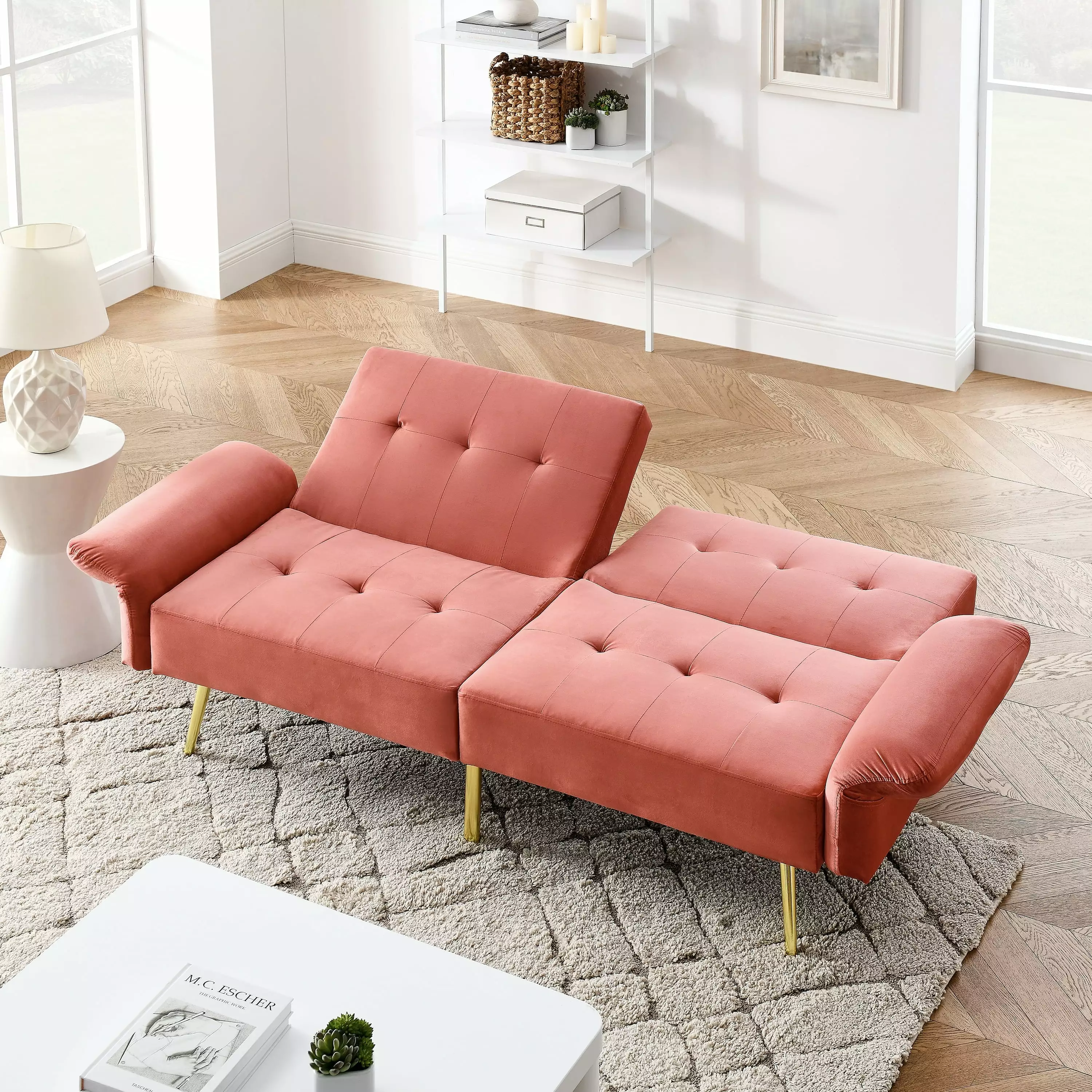 Sofa Bed. Loveseat with Folded Armrests and Storage Bags