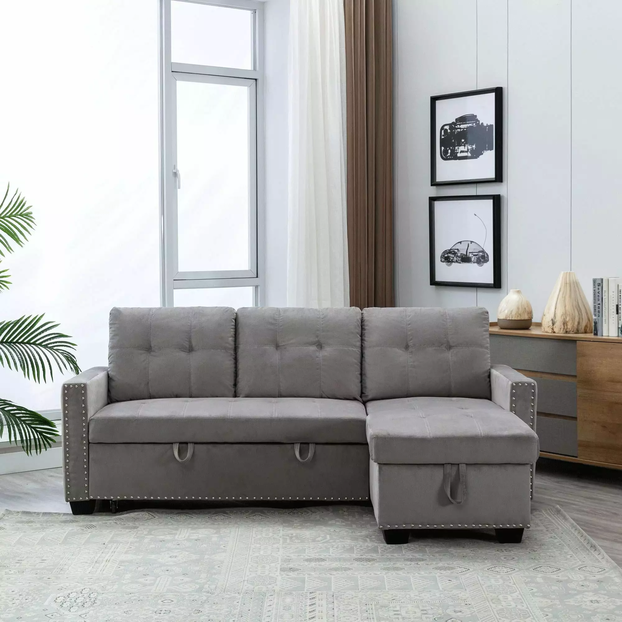 Sofa Bed. Sectional Couch with Modern Skin-Feeling Velvet Fabric Reversible Sleeper Sofa Beds. L-shape 2 Seat Sectional Chaise with Storage. Couches for Living Room Furniture. Light Grey