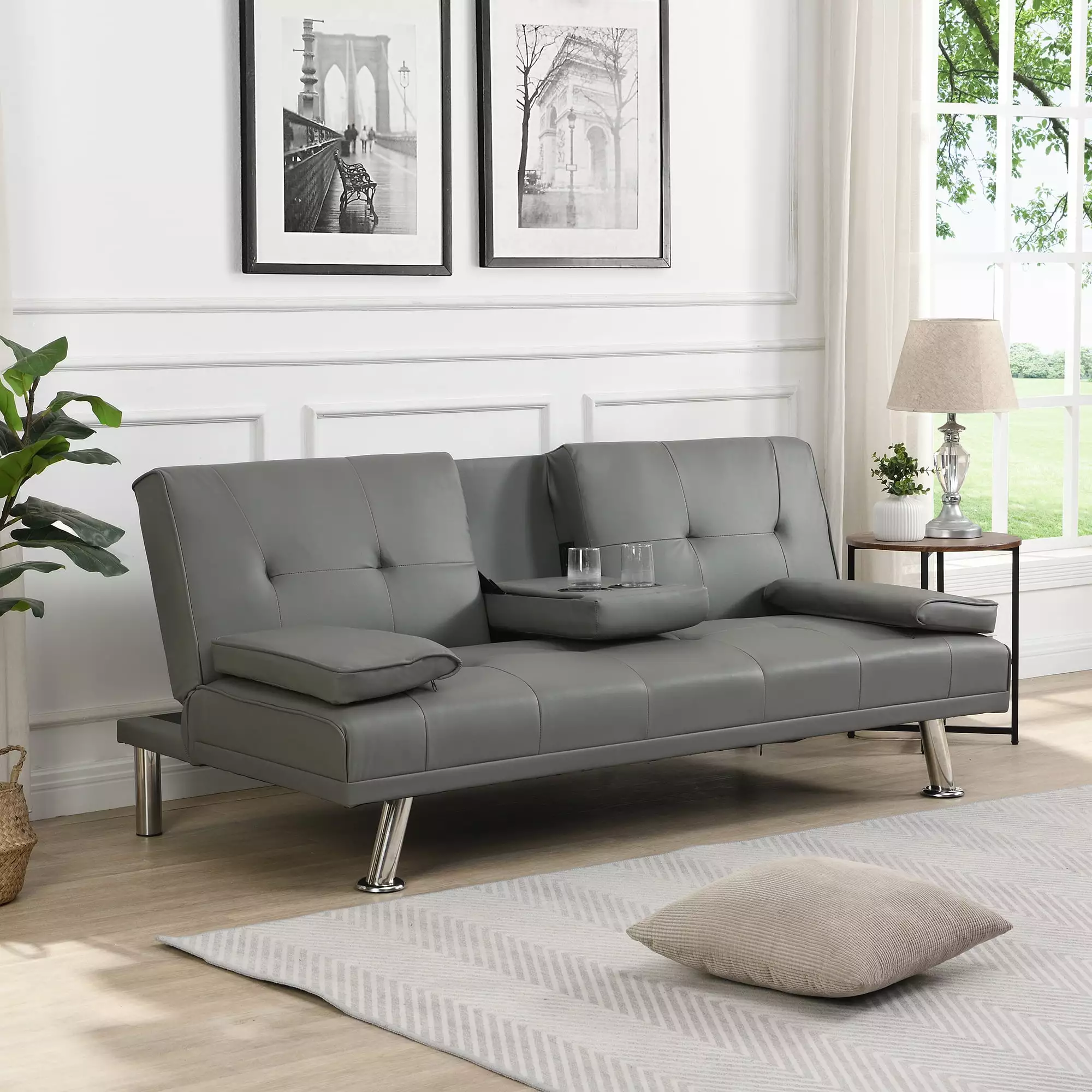 Sofa Bed With Armrest Two Holders Wood Frame. Stainless Leg. Futon Grey Pvc