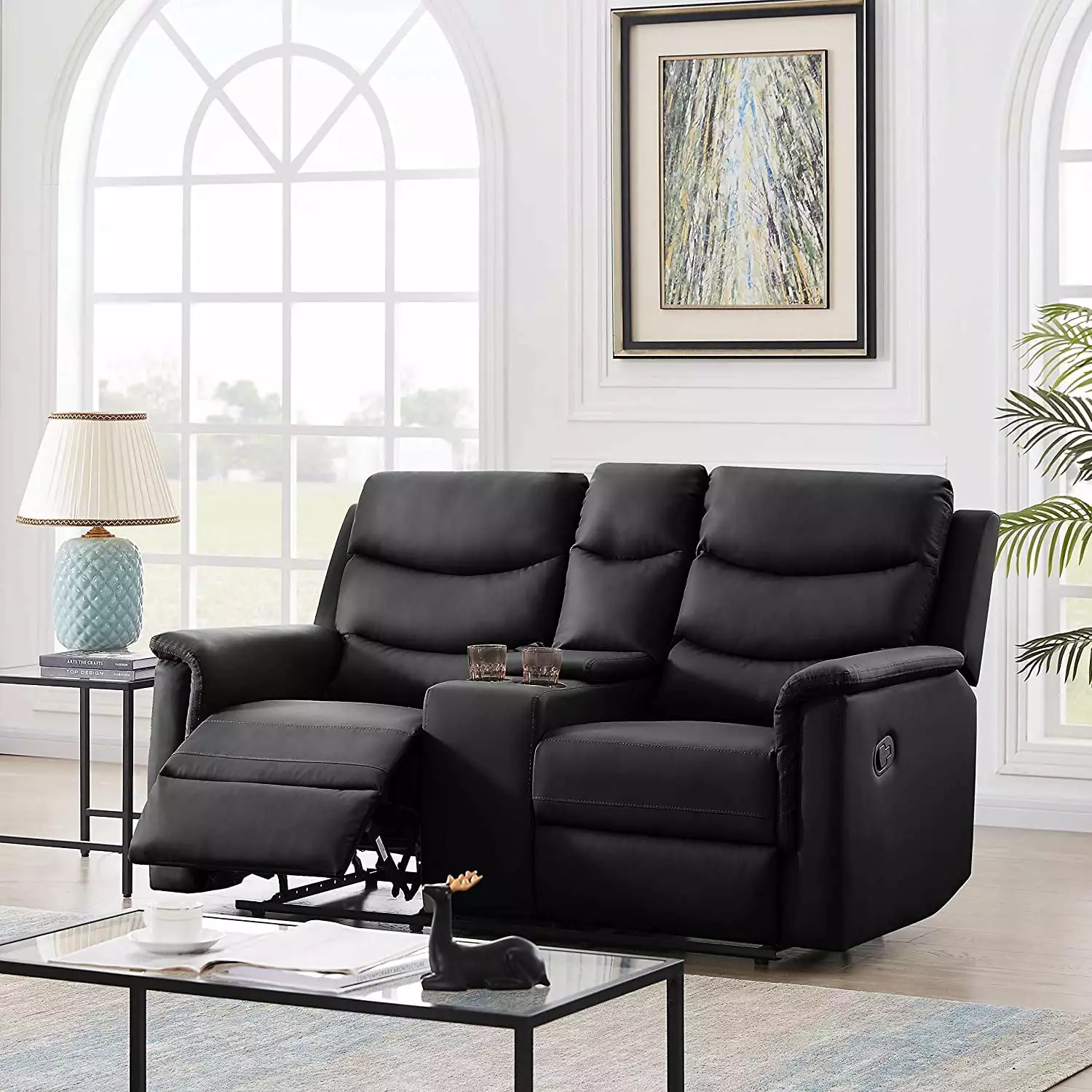 Sofa PU Leather Recliner Loveseat with Console Slate. Sofa Recliner with Cup Holder. Double Recliner 2-Seater for Living Room Theater Seating Rv Furniture. (Black)