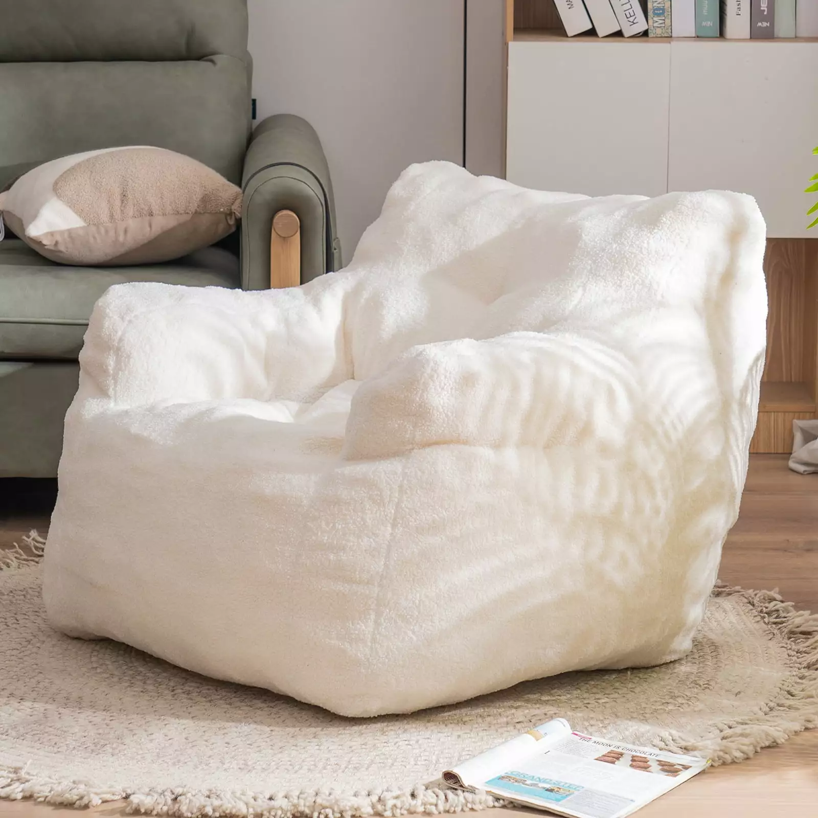 Soft Tufted Foam Bean Bag Chair With Teddy Fabric. Ergonomic Backrest. Large Beanbag Chairs Soft Sofa For Living Room. Dining Room. Bedroom. Shop Mall. Hallway