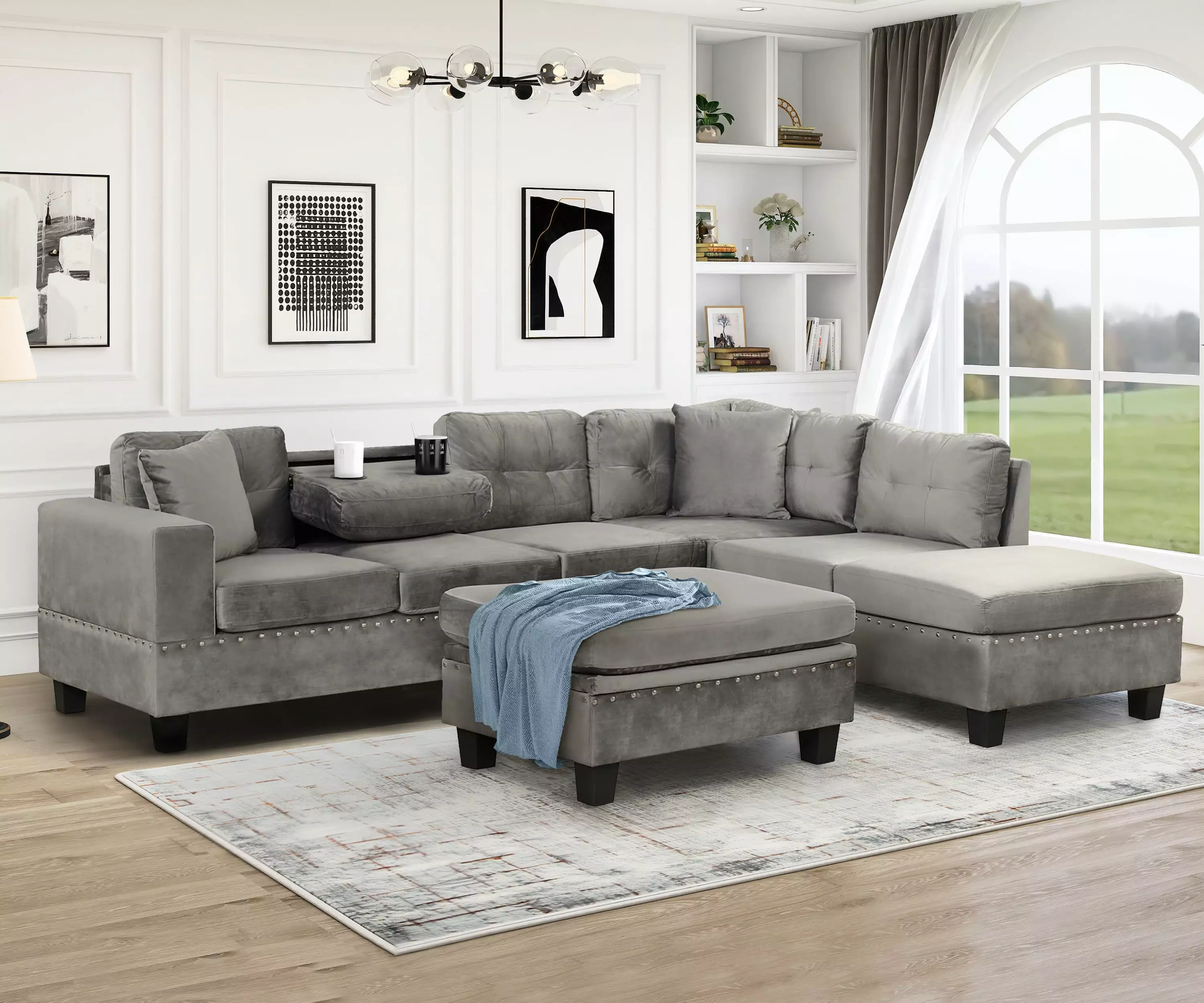 Soges Modern Sectional Sofa with Storage Ottoman. L-Shape Couch with 2 Pillows and Cup Holder. Sectional Sofa with Reversible Chaise for Living Room. Gray. 104.5