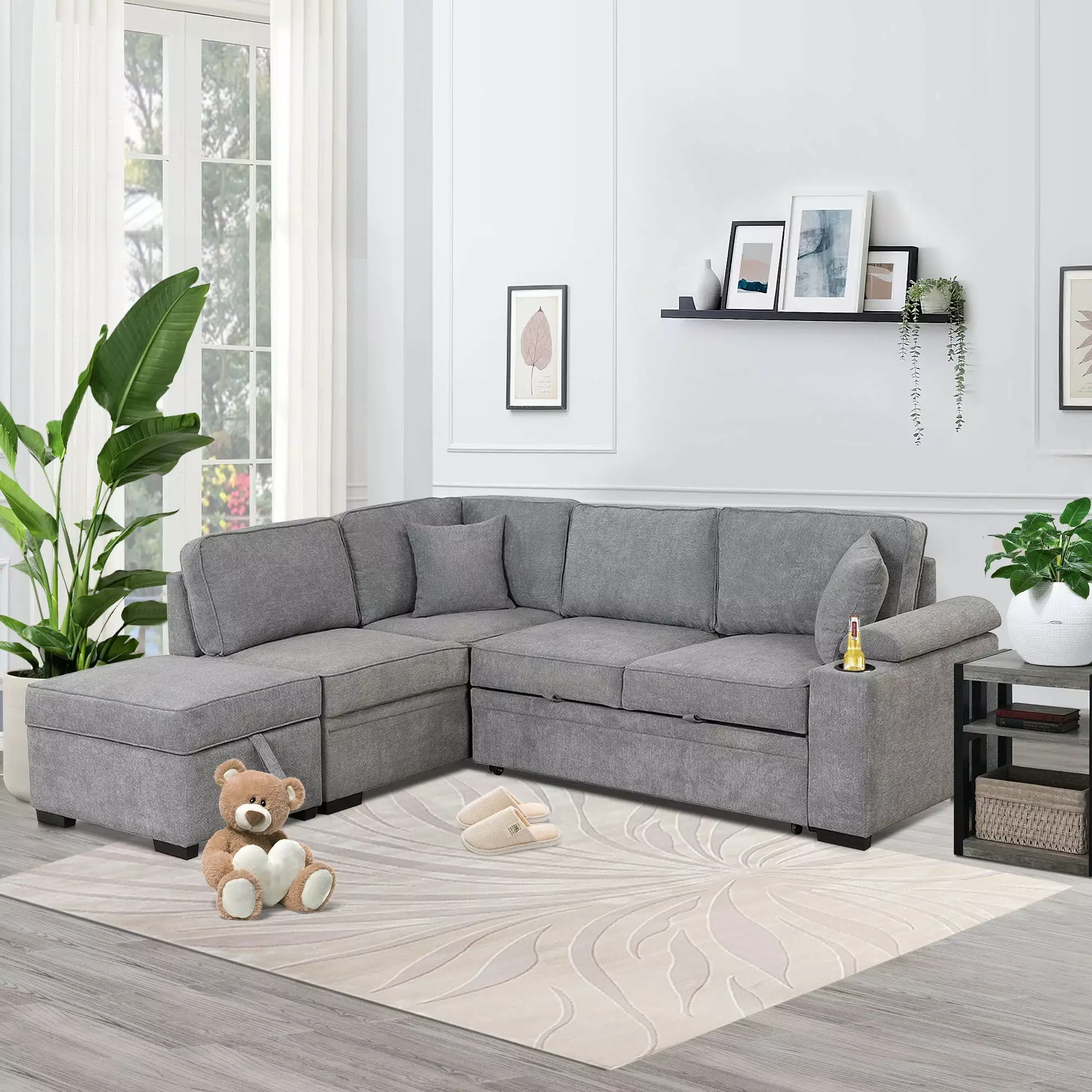 Soges Sleeper Sofa Bed 5 Seat. Pull Out Sofa Bed with USB Ports L Shape Couch with Storage Ottoman for Living Room Bedroom. Gray