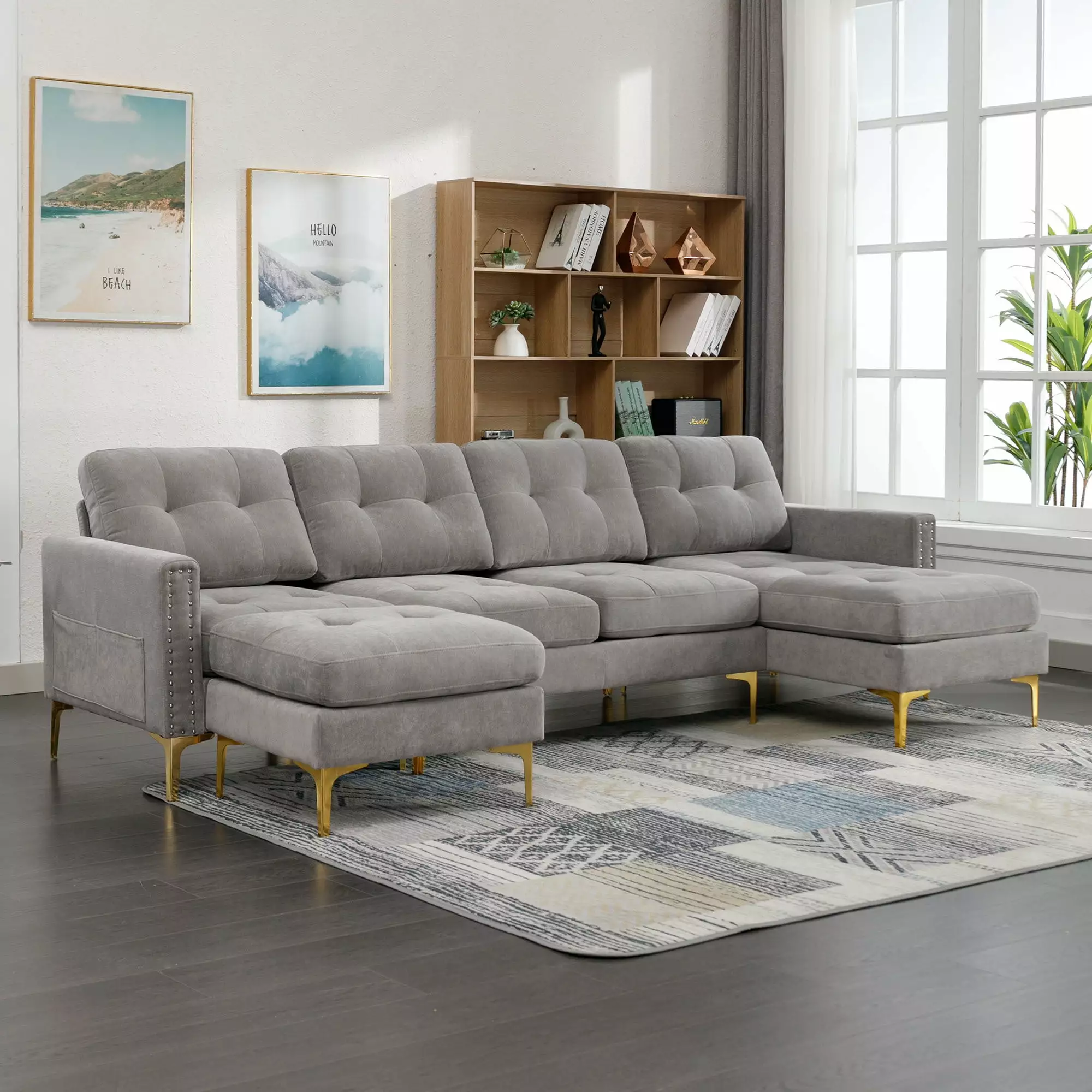 Soges U-Shaped Sectional Sofa with Ottoman. Convertible Couch for Living Room. 5 Seater Sofa. Gray. 110x54