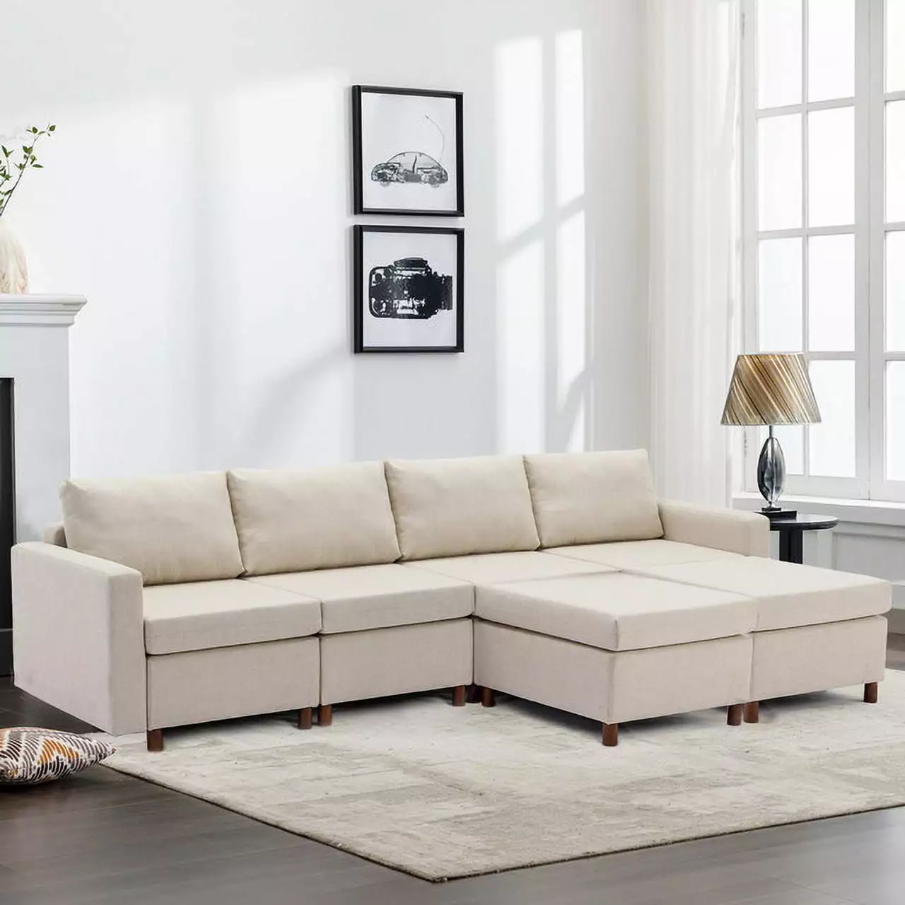 Spacious 4-Seat Cream Modular Sectional Sofa with 2 Ottomans - Easy Installation. Durable Linen Fabric & Rubberwood Frame - Ideal for Contemporary Living Rooms