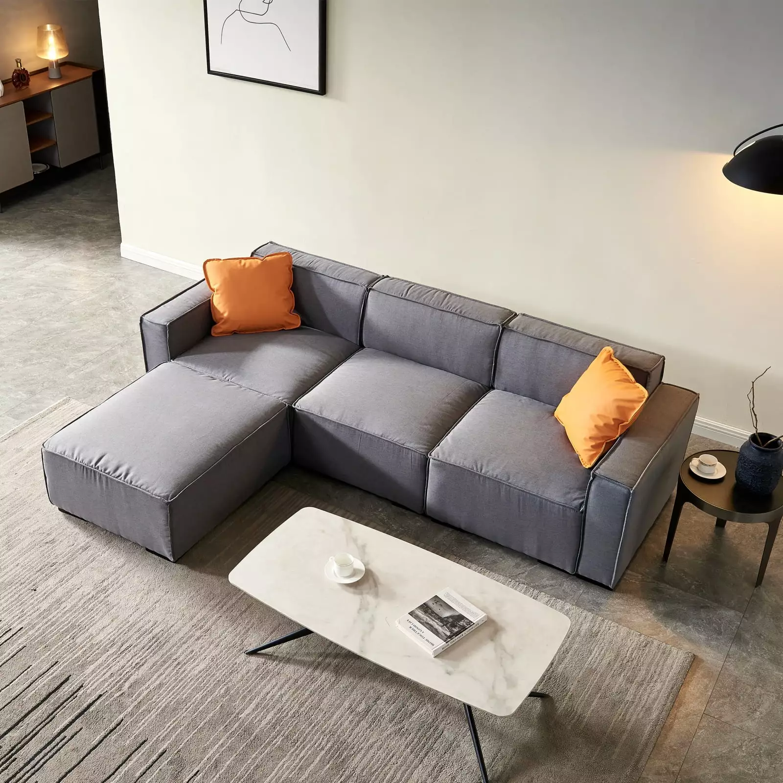 Spacious Dark Grey L-Shape Modular Sofa with Convertible Ottoman Chaise - Flexible Design. Durable Linen Fabric. Soft Polyester Pillows Included. Ideal for Modern Living Spaces