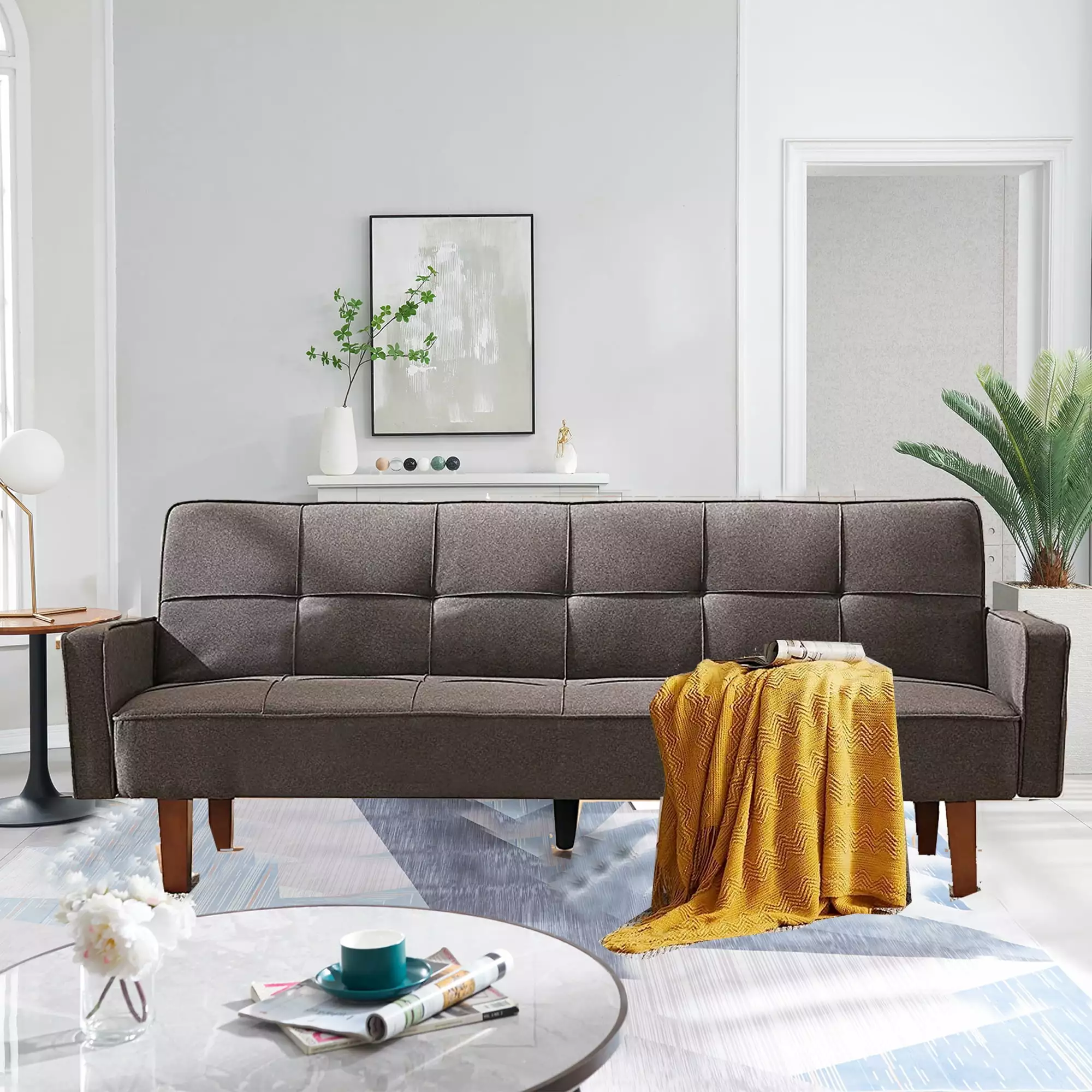 Square Arm Sofa Bed. Modern Sleeper Couches and Sofas with Wood Legs. Linen Plush Futon Loveseats Sofa for Living Room. Livingroom Sofa for Small Space. Apartment. Grey. SS387