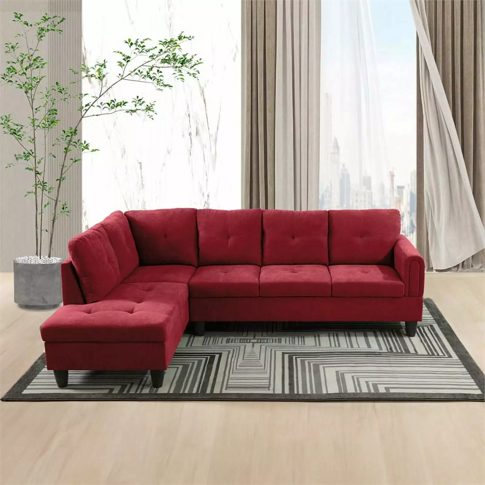 Star Home Living Marseille Linen Fabric Sectional Sofa Set in Red