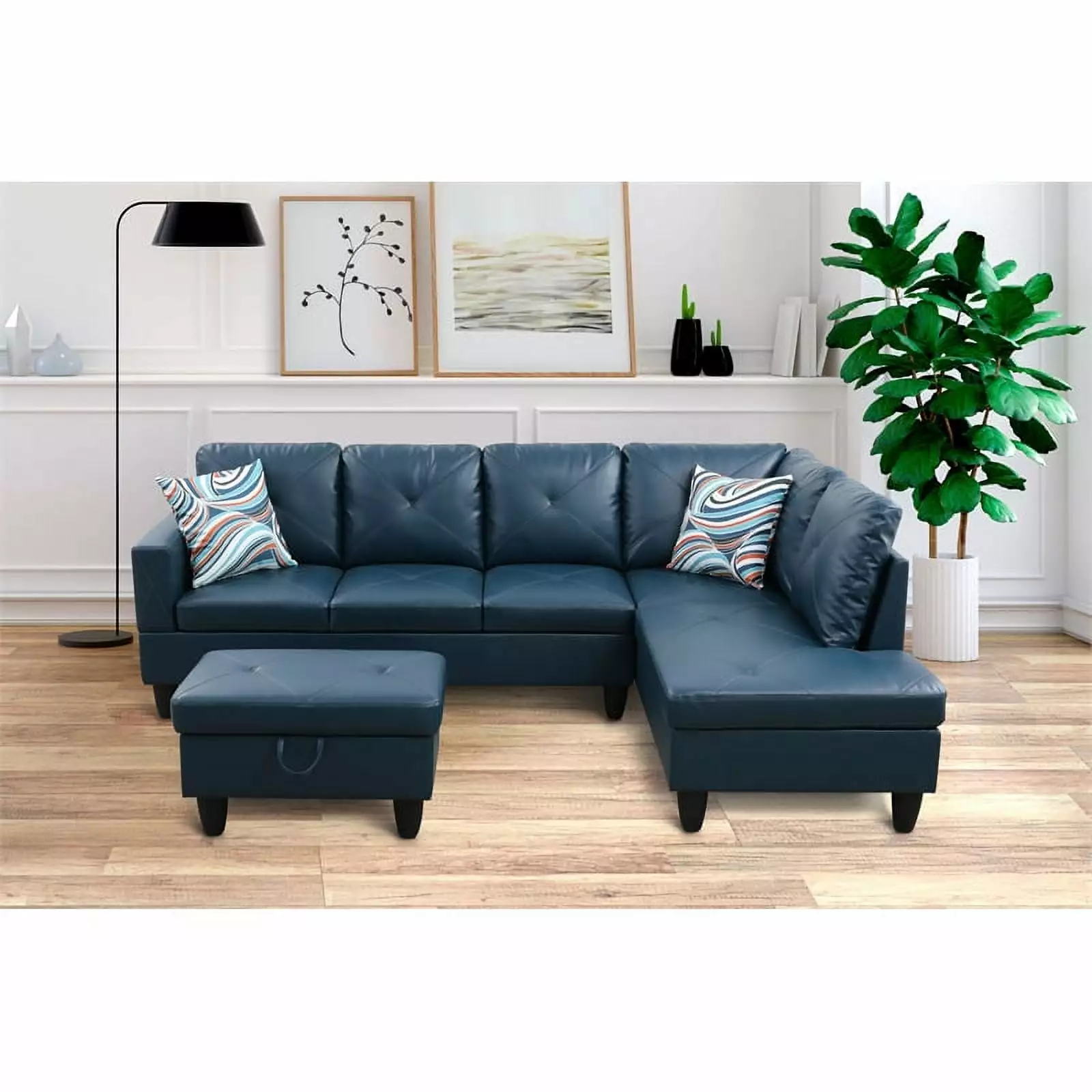 Starhome L Shaped Denim Couch with Storage Ottoman(Pillows Included) Microfiber