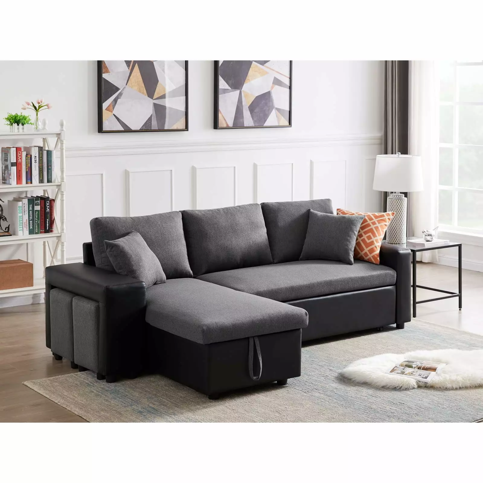 Steel Gray Linen Reversible Sleeper Sectional Sofa - Versatile Seating with Storage & 2 Complementary Stools - Contemporary Design for Modern Homes