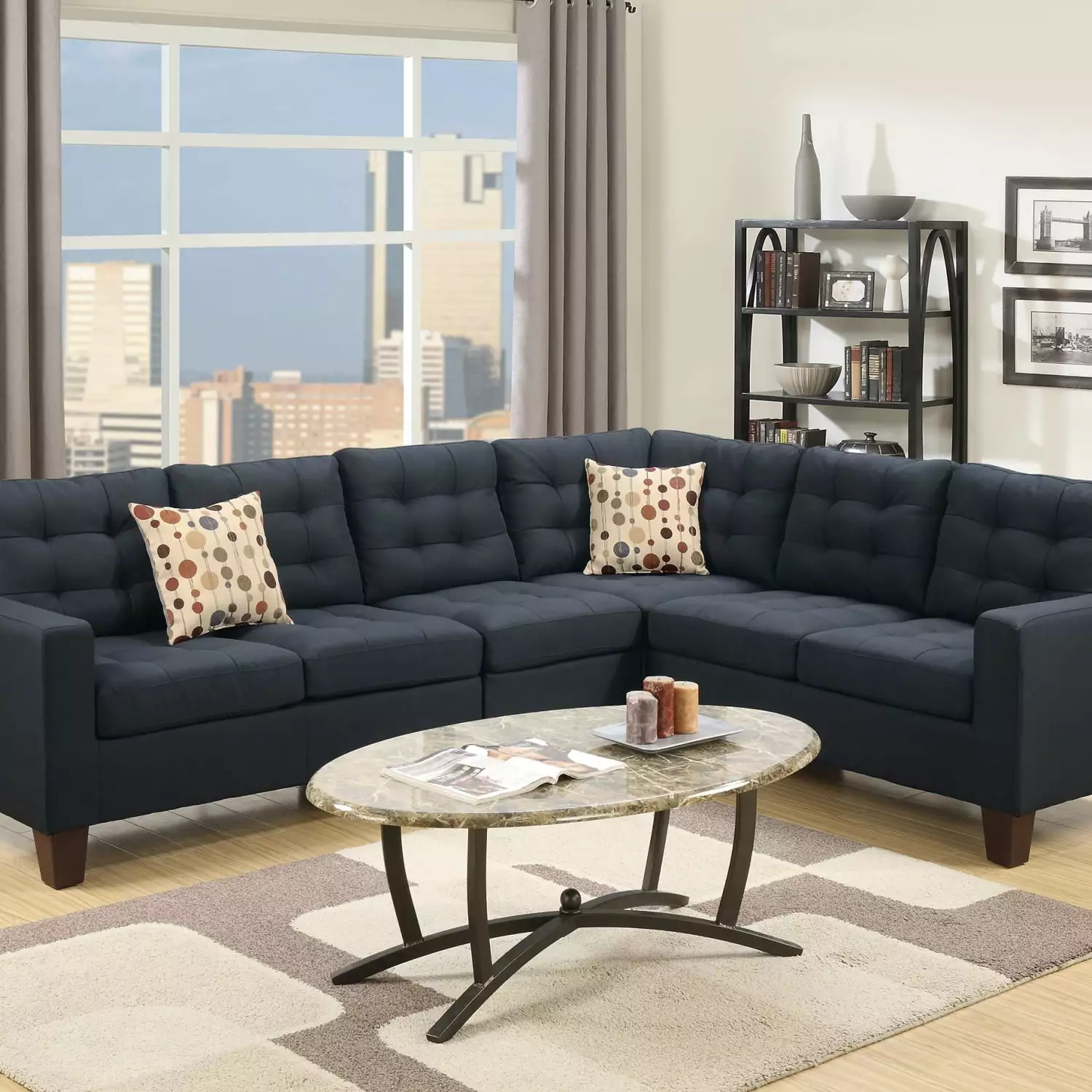 Stylish Modern Black Polyfiber Modular 4pcs Sectional Sofa Including LAF and RAF Loveseats Corner Wedge Armless Chair with Tufted Cushions - Comfortable and Versatile Couch